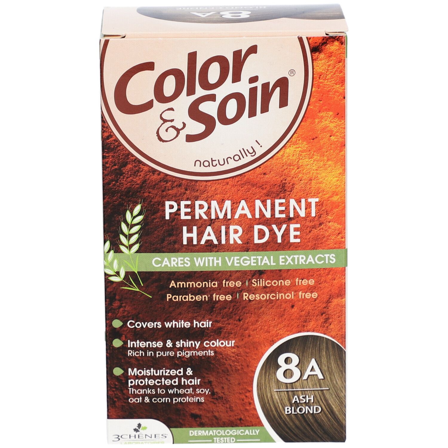 Verpakking Color & Soin 8A Asblond haarverf. Productinformatie en kleurtint. Bevat plantaardige extracten.