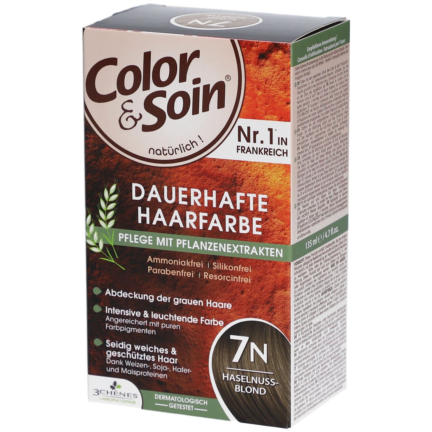 Color & Soin® 7N Blond Noisette. Boîte avec informations produit et logo.
