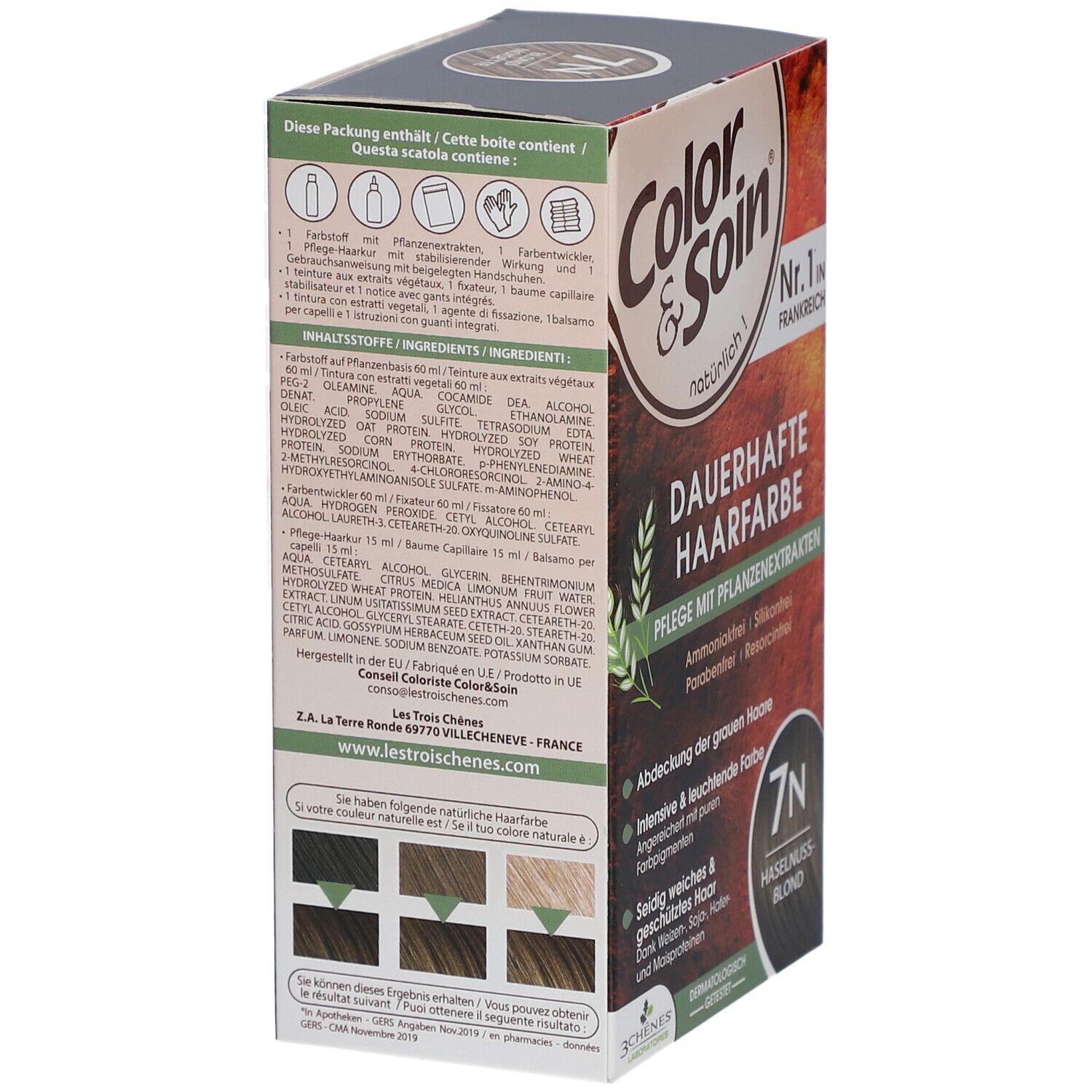 Color & Soin® 7N. Arrière de la boîte avec ingrédients et échantillons de couleurs.