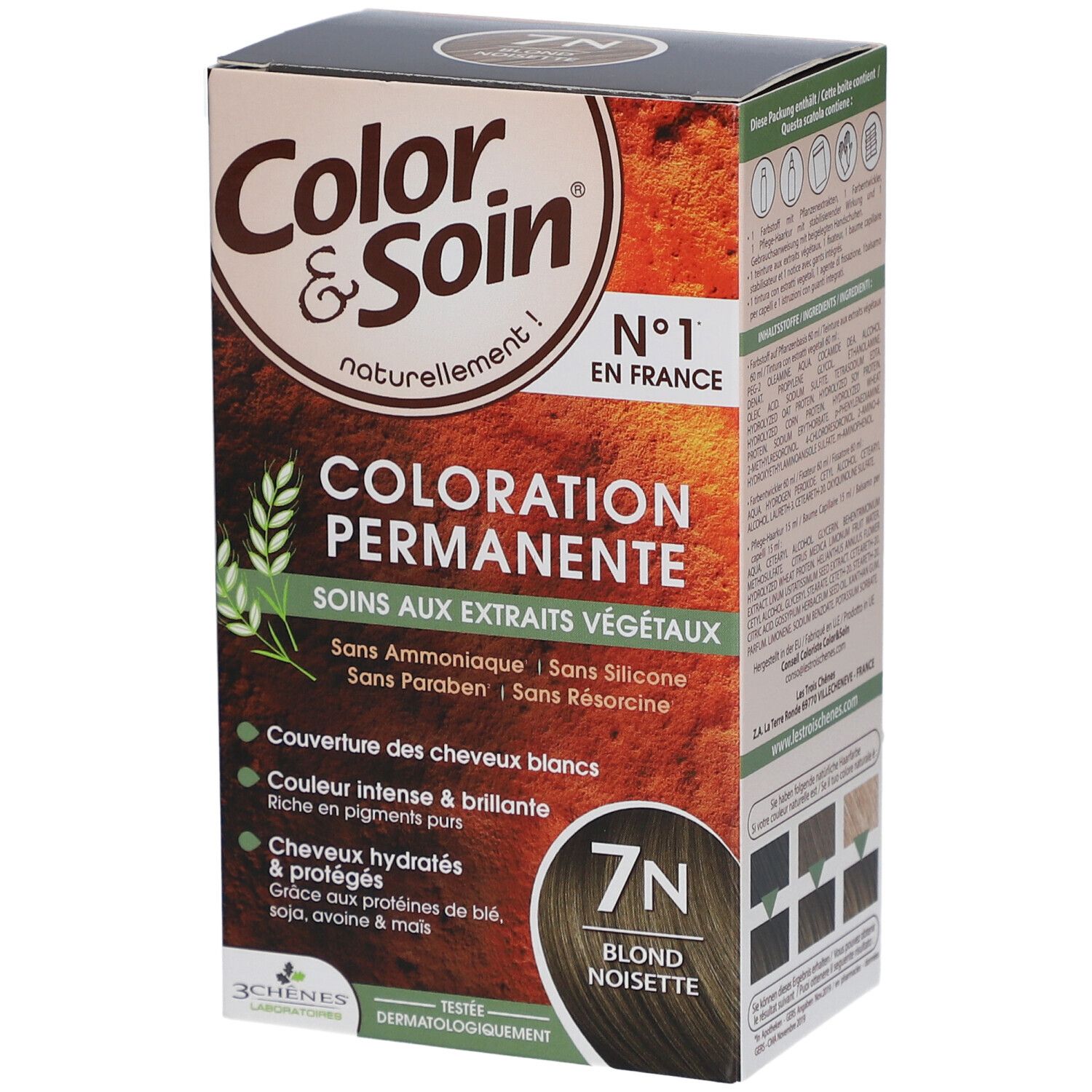 Color & Soin® Coloration Permanente 7N Blond Noisette. Boîte avec informations produit.