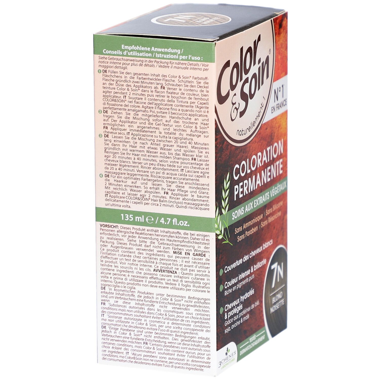 Color & Soin® Coloration Permanente 7N Blond Noisette. Boîte avec instructions d'utilisation.