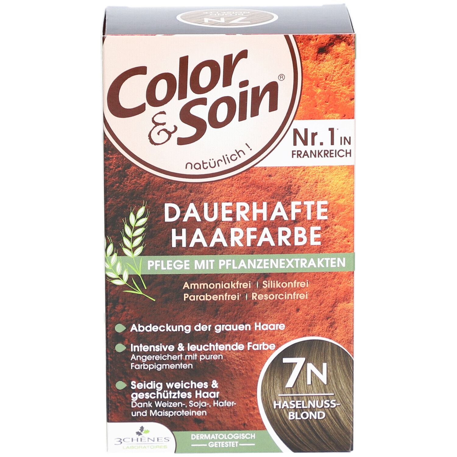 Color & Soin® 7N Blond Noisette. Boîte avec informations produit.