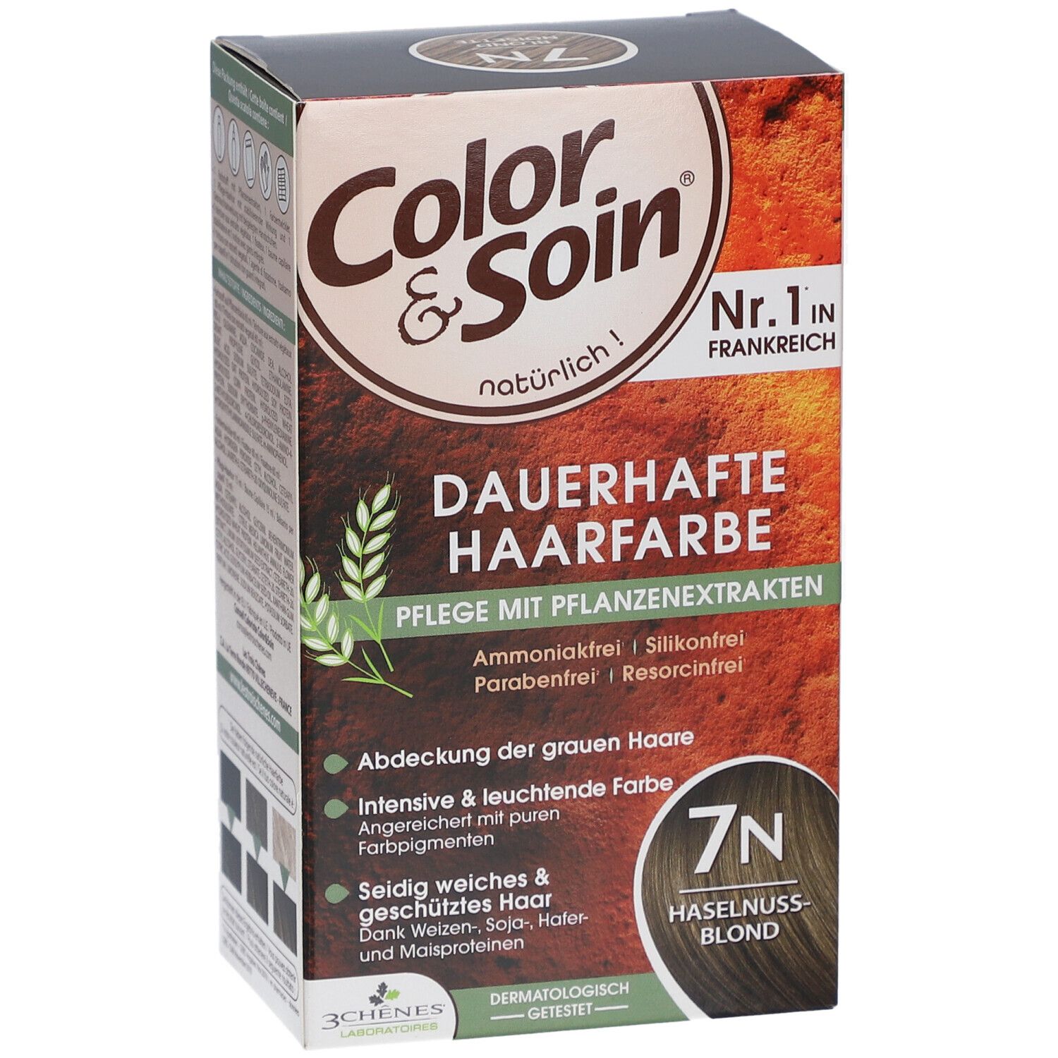 Color & Soin® 7N Blond Noisette. Boîte avec informations produit et sélection de couleurs.