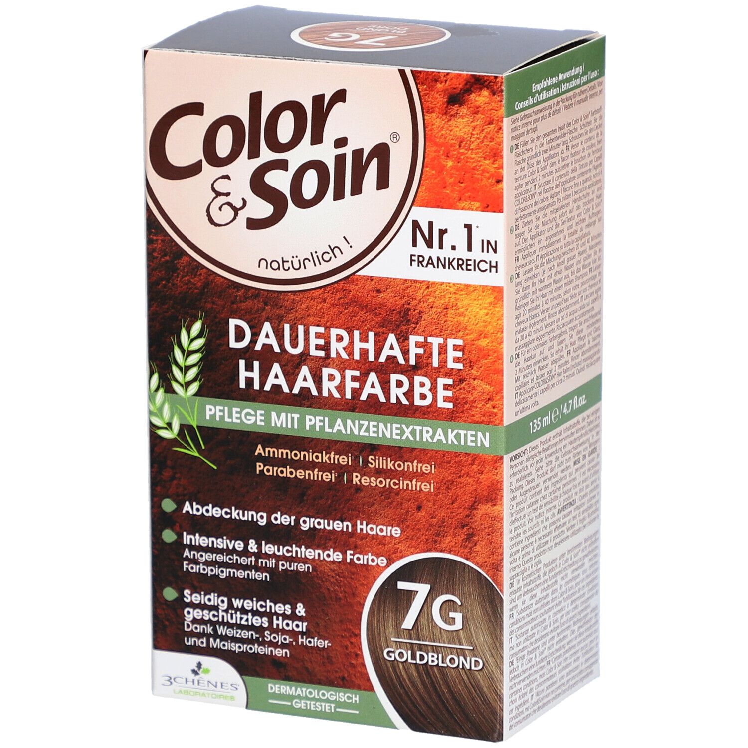 Boîte de coloration permanente 7G Blond doré. Soins aux extraits végétaux. N°1 en France. Sans ammoniaque.