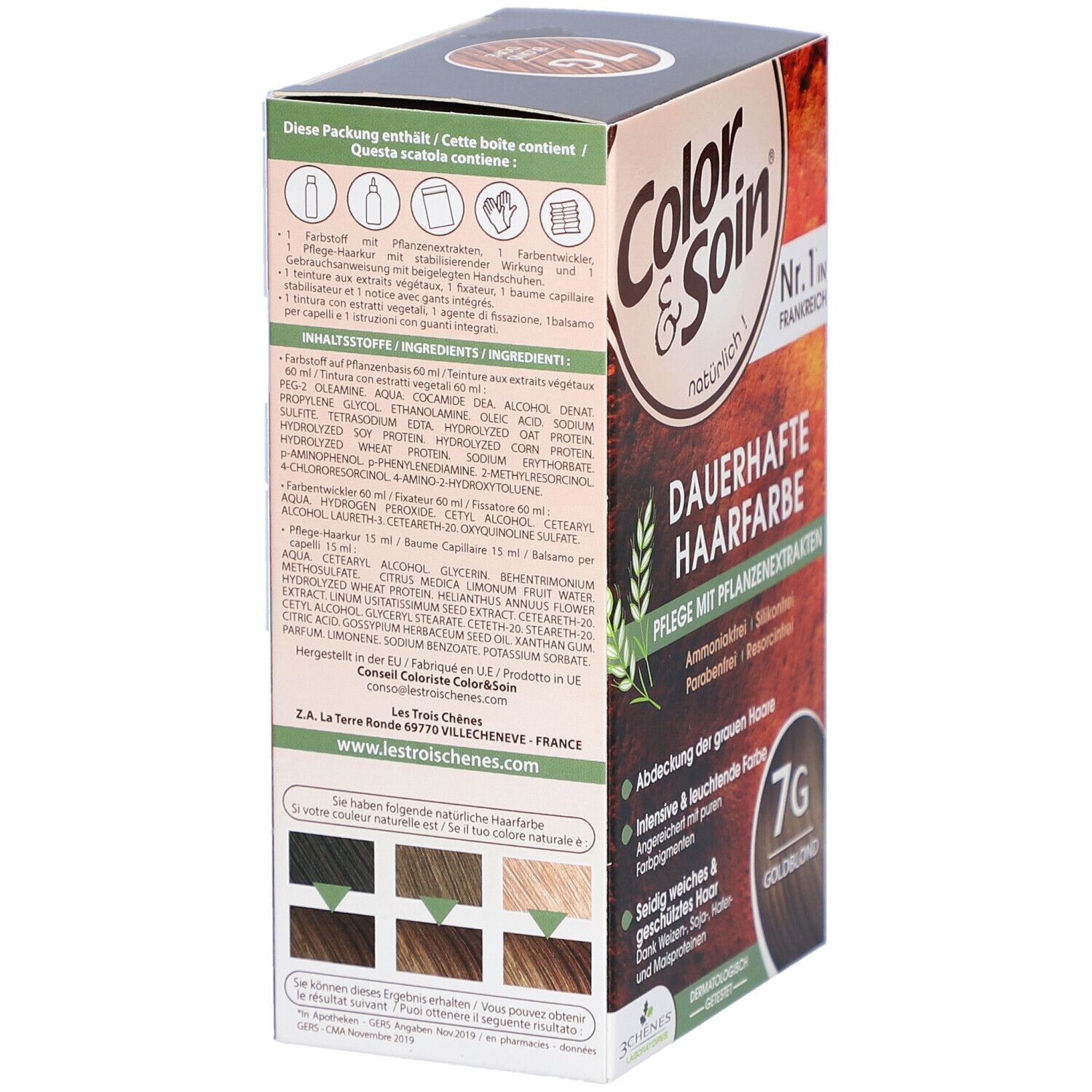 Dos de la boîte de coloration avec ingrédients et exemples de couleurs. 7G Blond doré. Soins aux extraits végétaux.