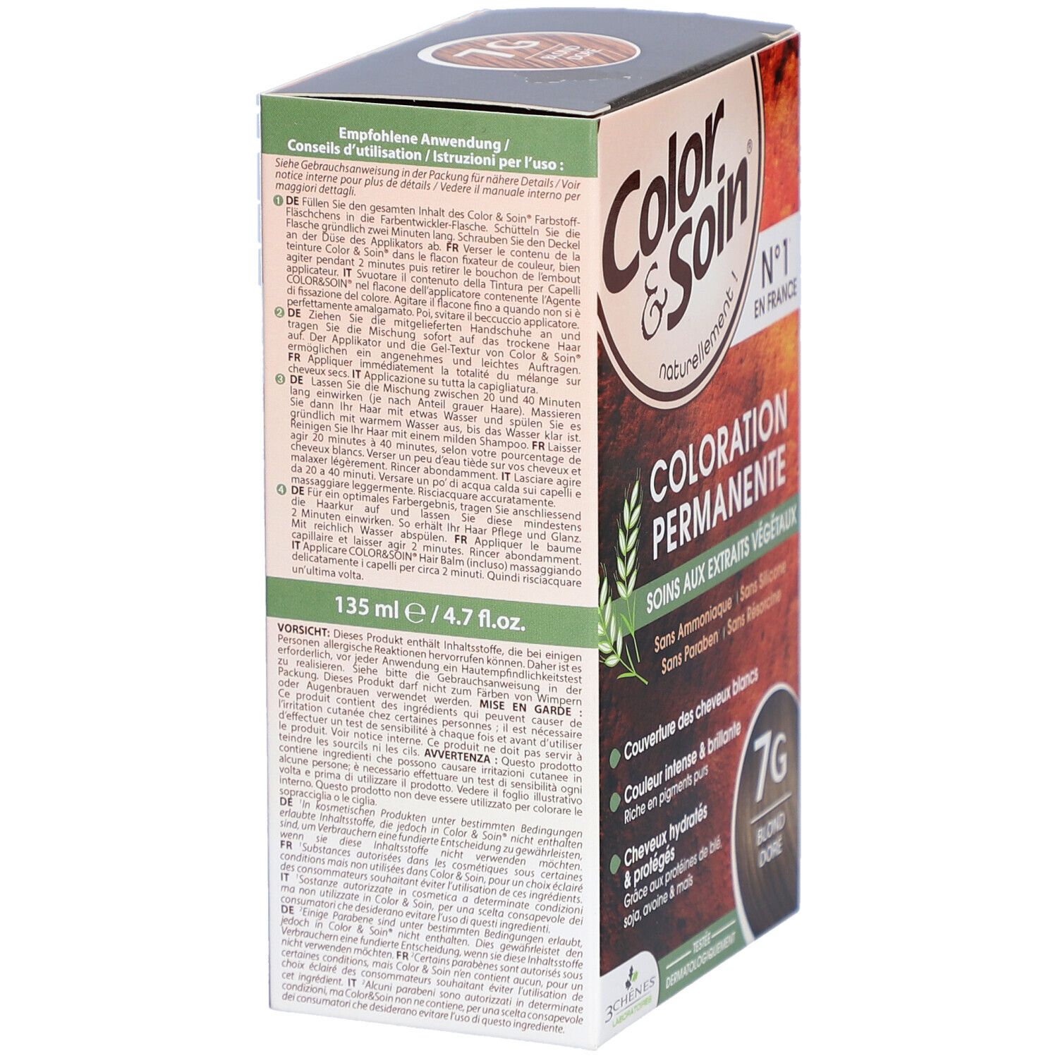 Boîte de coloration avec instructions d'utilisation. 7G Blond doré. Soins aux extraits végétaux. N°1 en France.