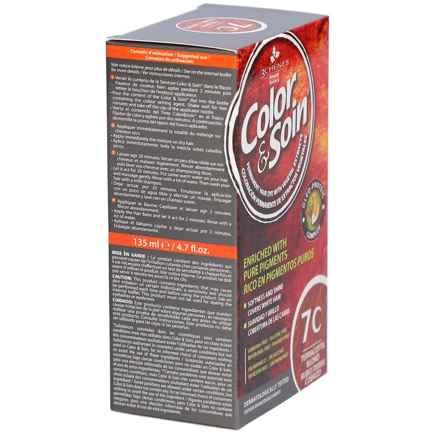 Boîte Les 3 Chênes Color & Soin 7C. Inscription: Coloration permanente, extraits végétaux, 135 ml. Instructions d'utilisation et ingrédients.