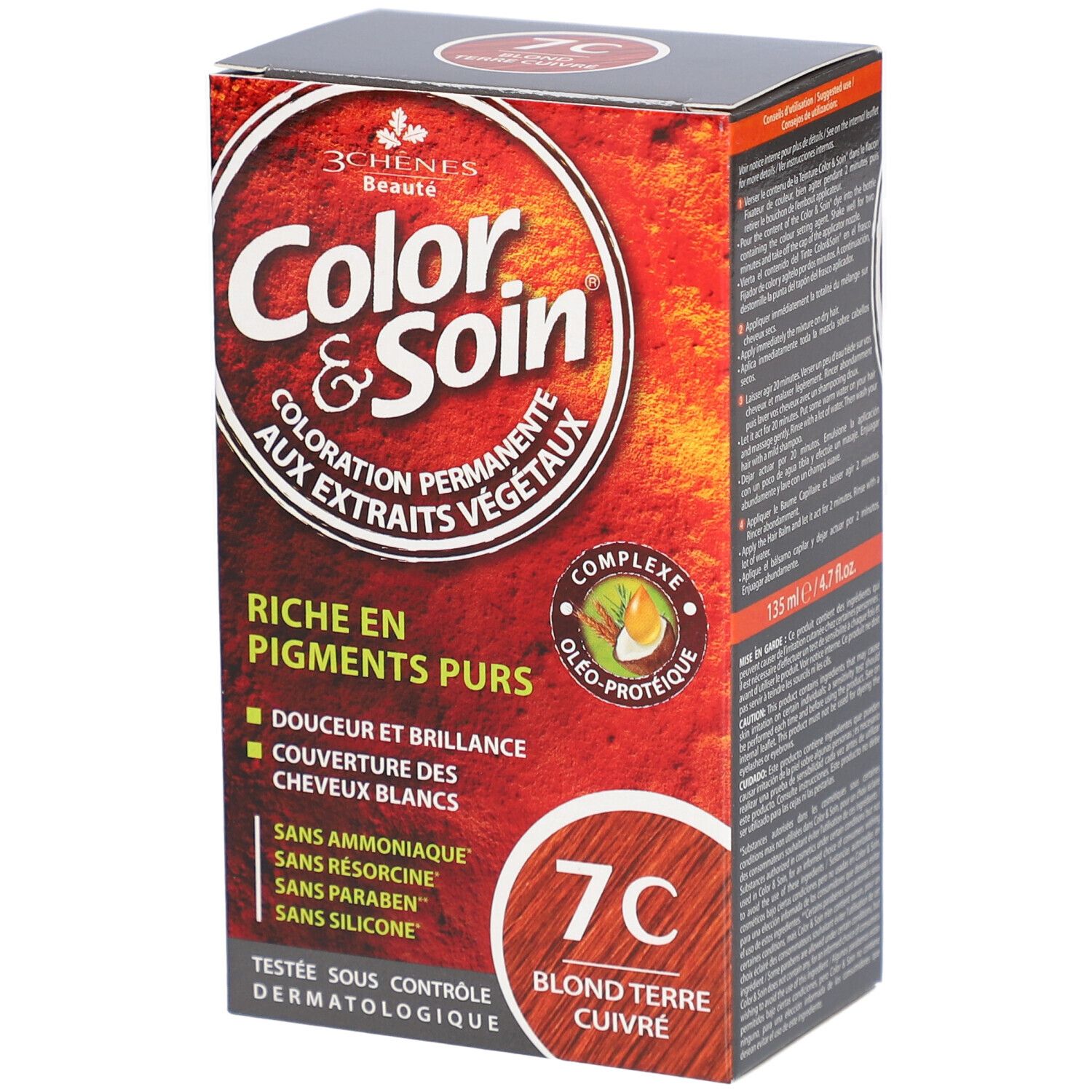 Boîte Les 3 Chênes Color & Soin 7C. Inscription: Coloration permanente, extraits végétaux, 125 ml. Sans ammoniaque, sans silicone.