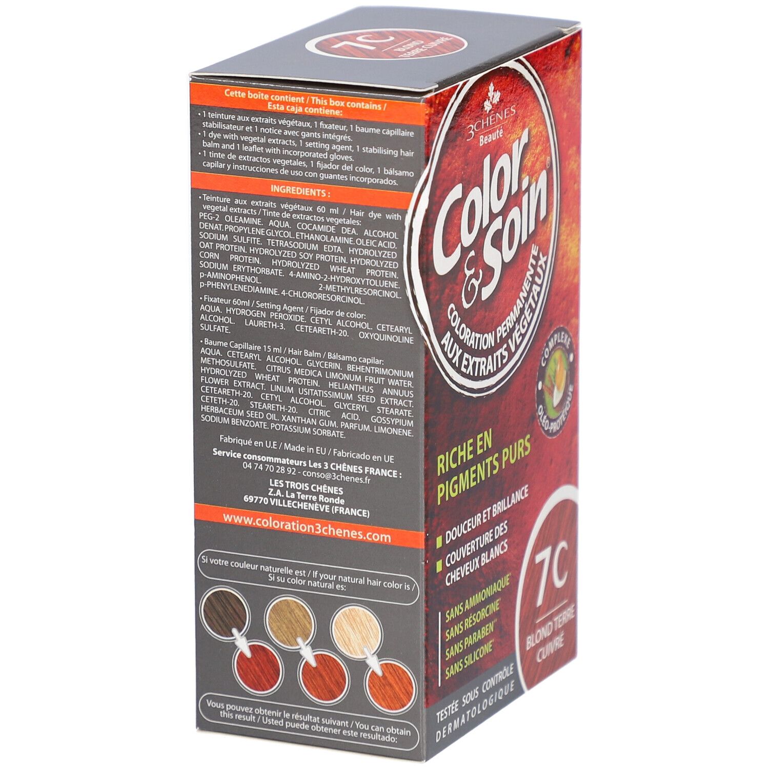 Boîte Les 3 Chênes Color & Soin 7C. Inscription: Coloration permanente, extraits végétaux. Ingrédients et exemples de couleurs.