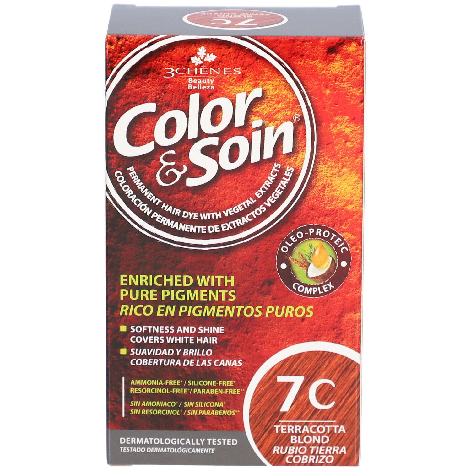Boîte Les 3 Chênes Color & Soin 7C. Inscription: Coloration permanente, extraits végétaux. Sans ammoniaque, sans silicone.