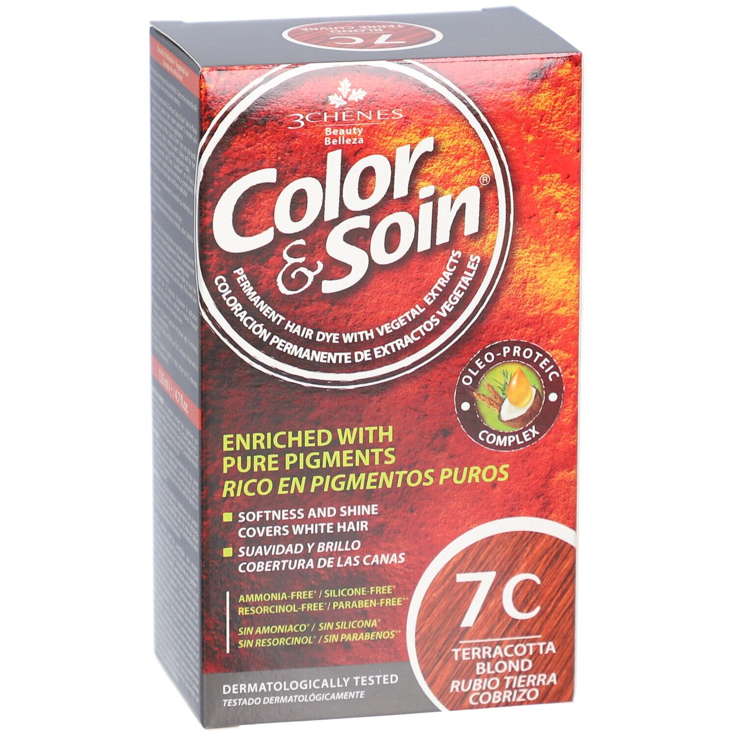 Boîte Les 3 Chênes Color & Soin 7C. Inscription: Coloration permanente, extraits végétaux. Testé dermatologiquement.