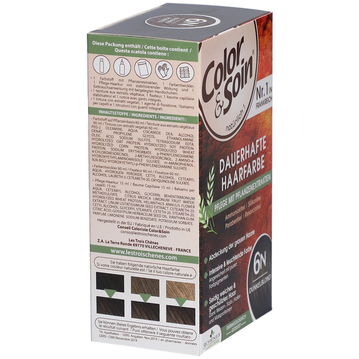 Boîte "Color & Soin" avec ingrédients et instructions. 6N Blond foncé. N°1 en France.