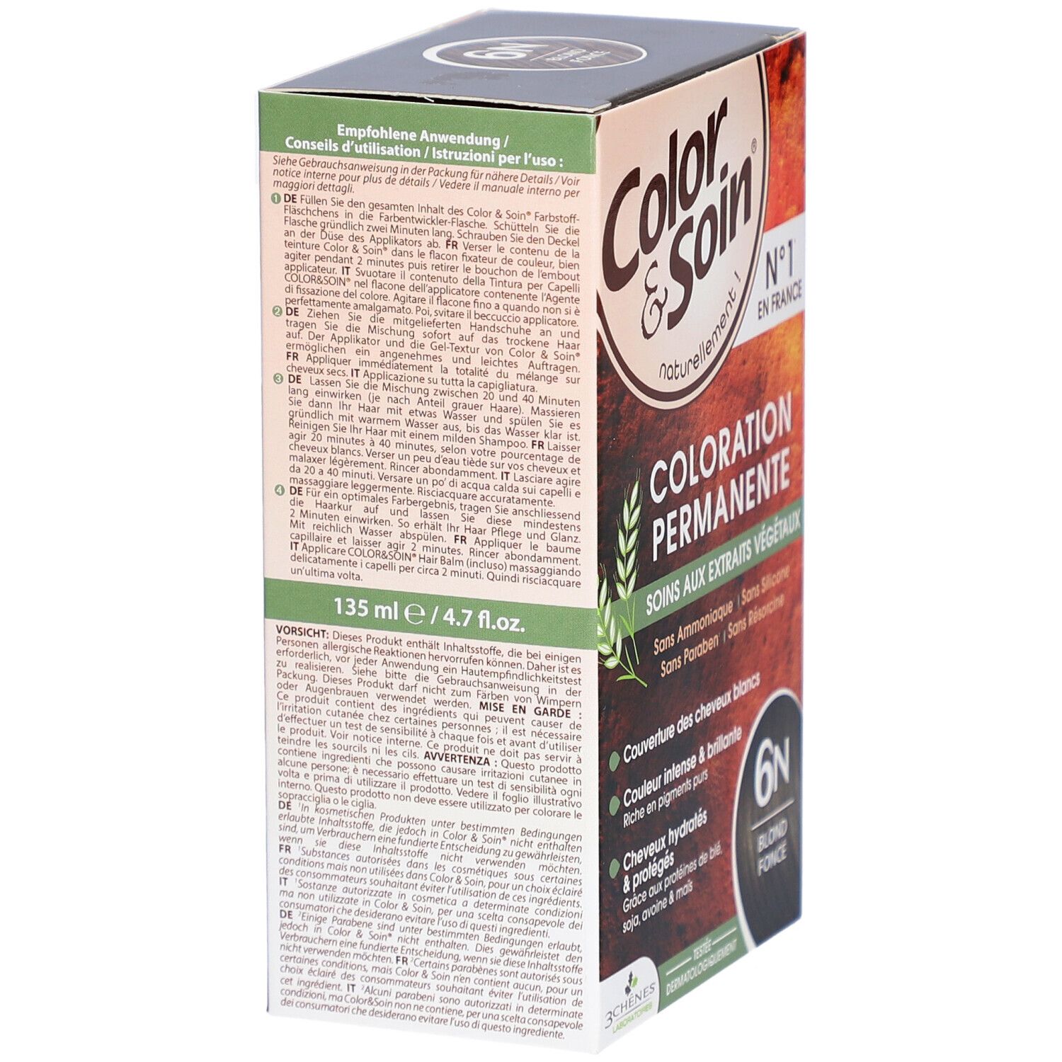 Boîte "Color & Soin" avec instructions d'utilisation. 6N Blond foncé. N°1 en France. 135 ml / 4.7 fl.oz.