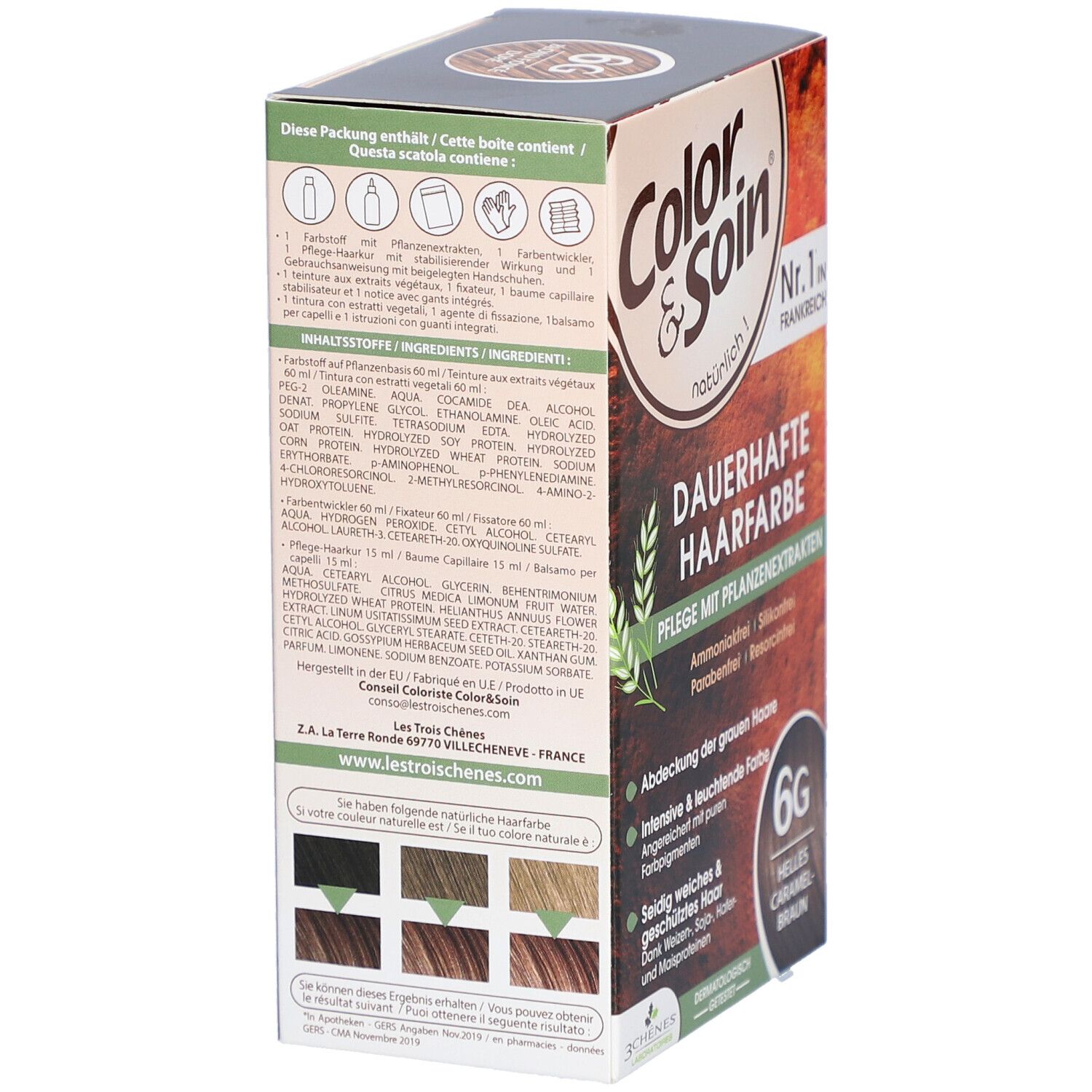 Dos de la boîte de coloration capillaire "Color & Soin". Ingrédients et exemples de couleurs. "6G Helles Caramelbraun".