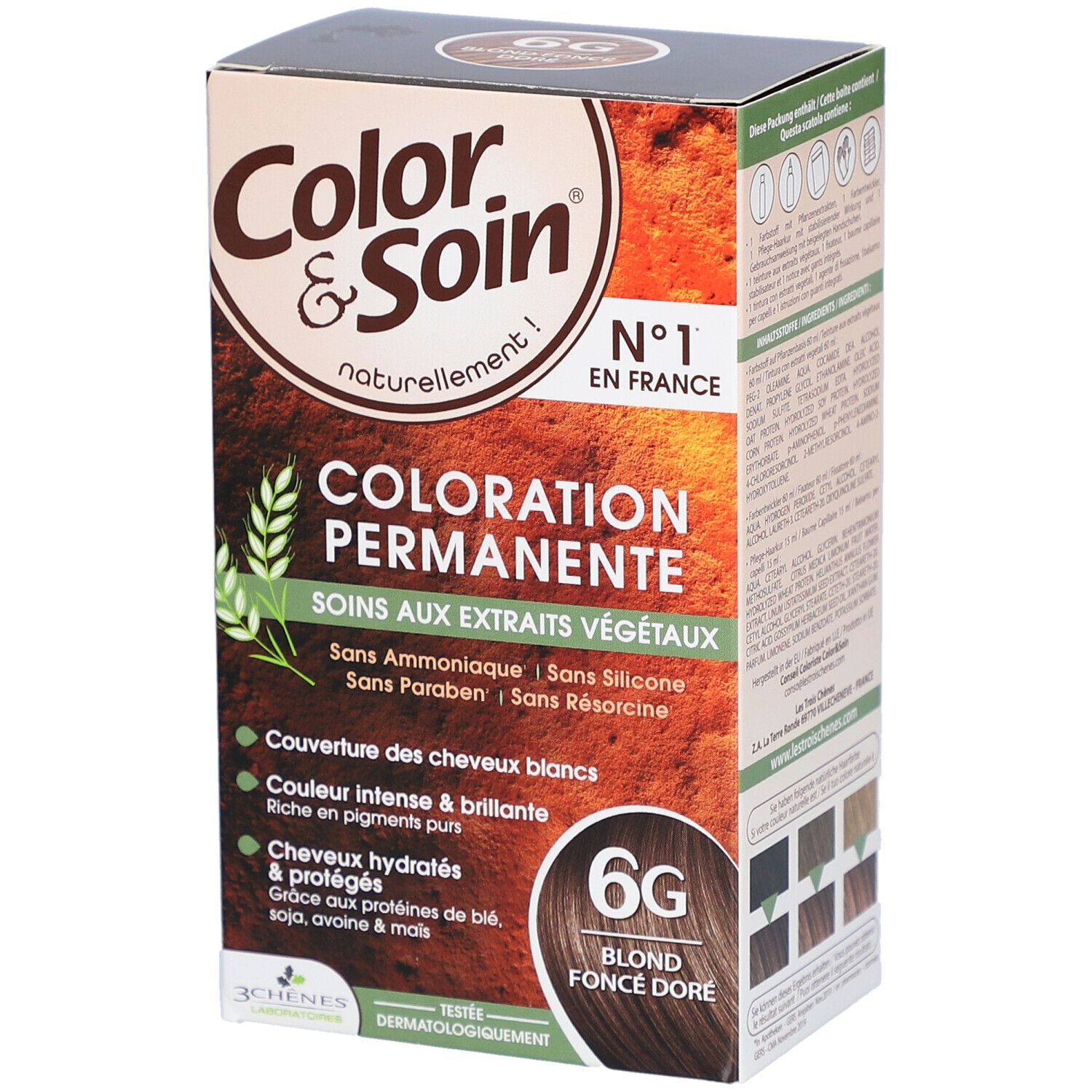 Boîte de coloration capillaire "Color & Soin". "Coloration Permanente" avec "6G Blond Foncé Doré".