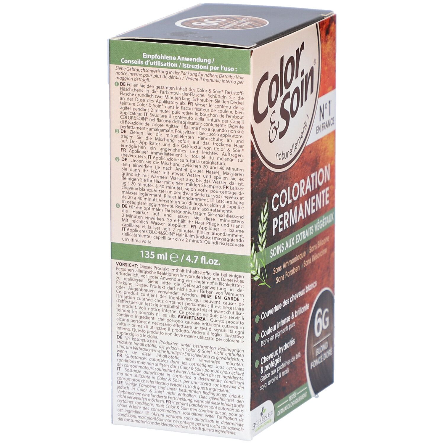 Côté de la boîte de coloration capillaire "Color & Soin". Instructions d'utilisation. "6G Blond Foncé Doré".