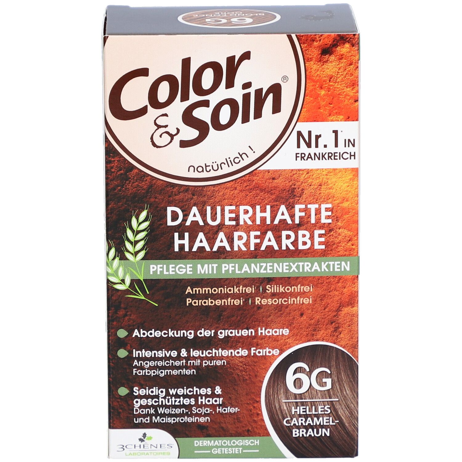 Boîte de coloration capillaire "Color & Soin" avec "6G Helles Caramelbraun". Texte : "Dauerhafte Haarfarbe".