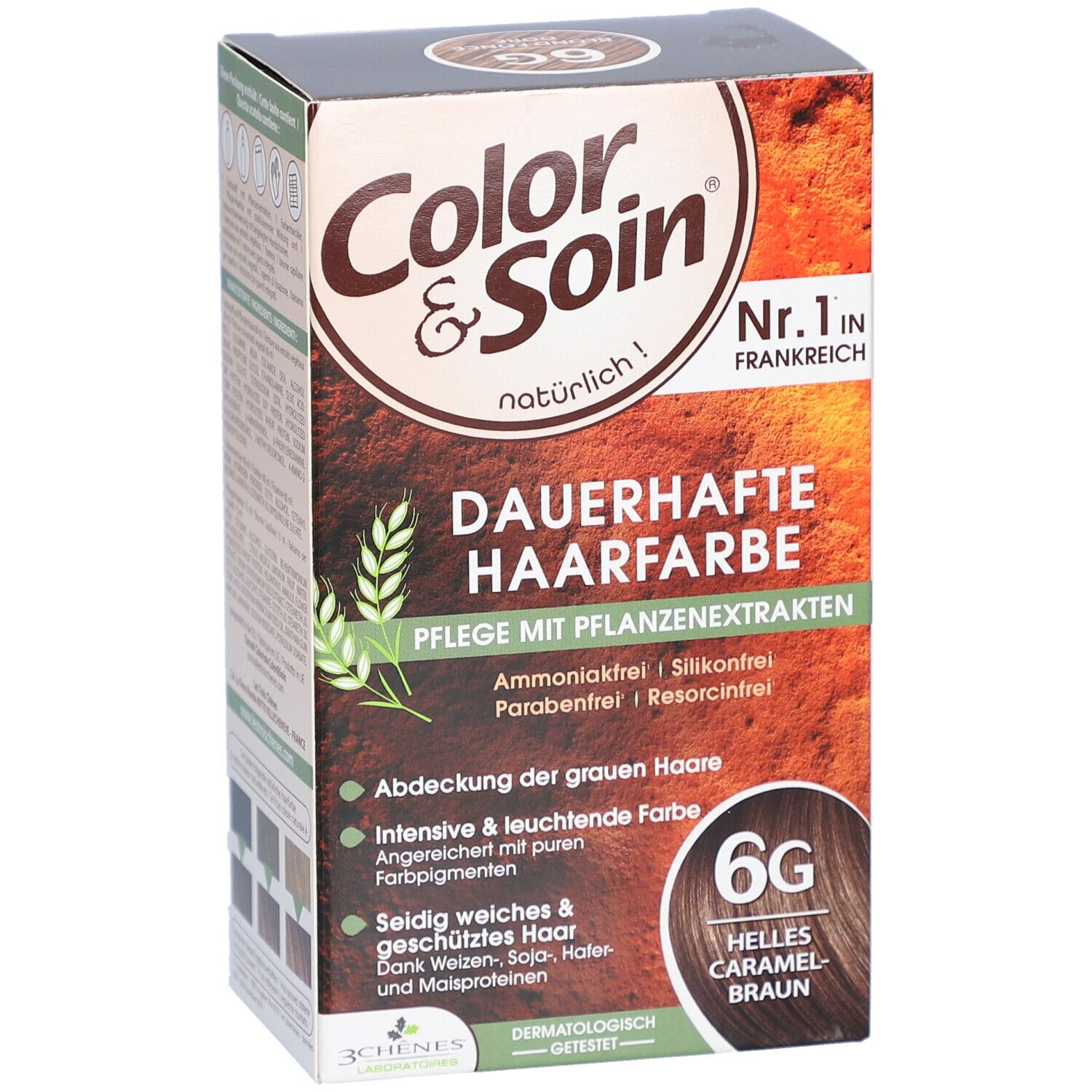 Boîte de coloration capillaire "Color & Soin" avec "6G Helles Caramelbraun". Texte : "Dauerhafte Haarfarbe".