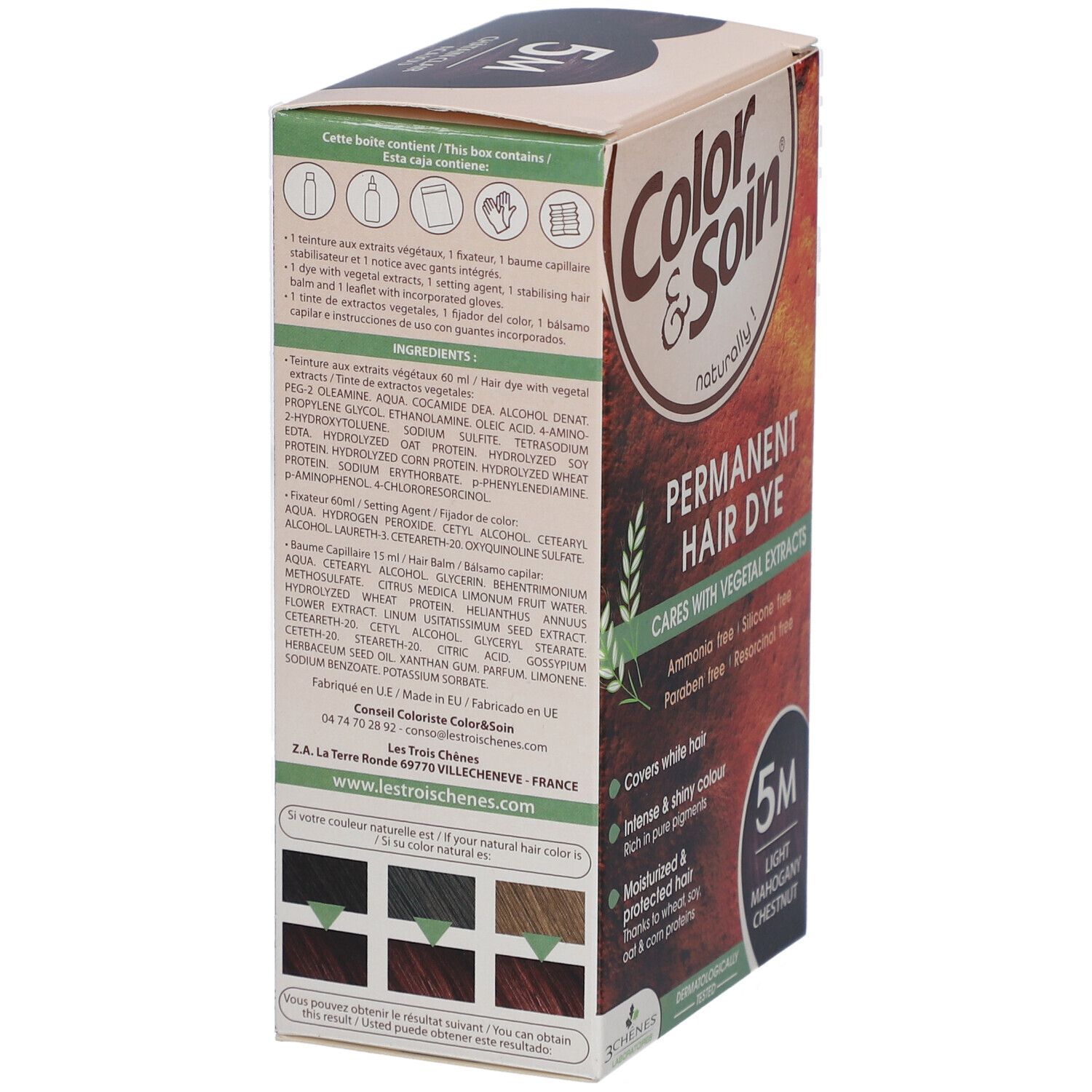 Dos de la boîte Color & Soin. Contient les ingrédients et un tableau d'échantillons de couleurs. Fabriqué en France. Testé dermatologiquement.