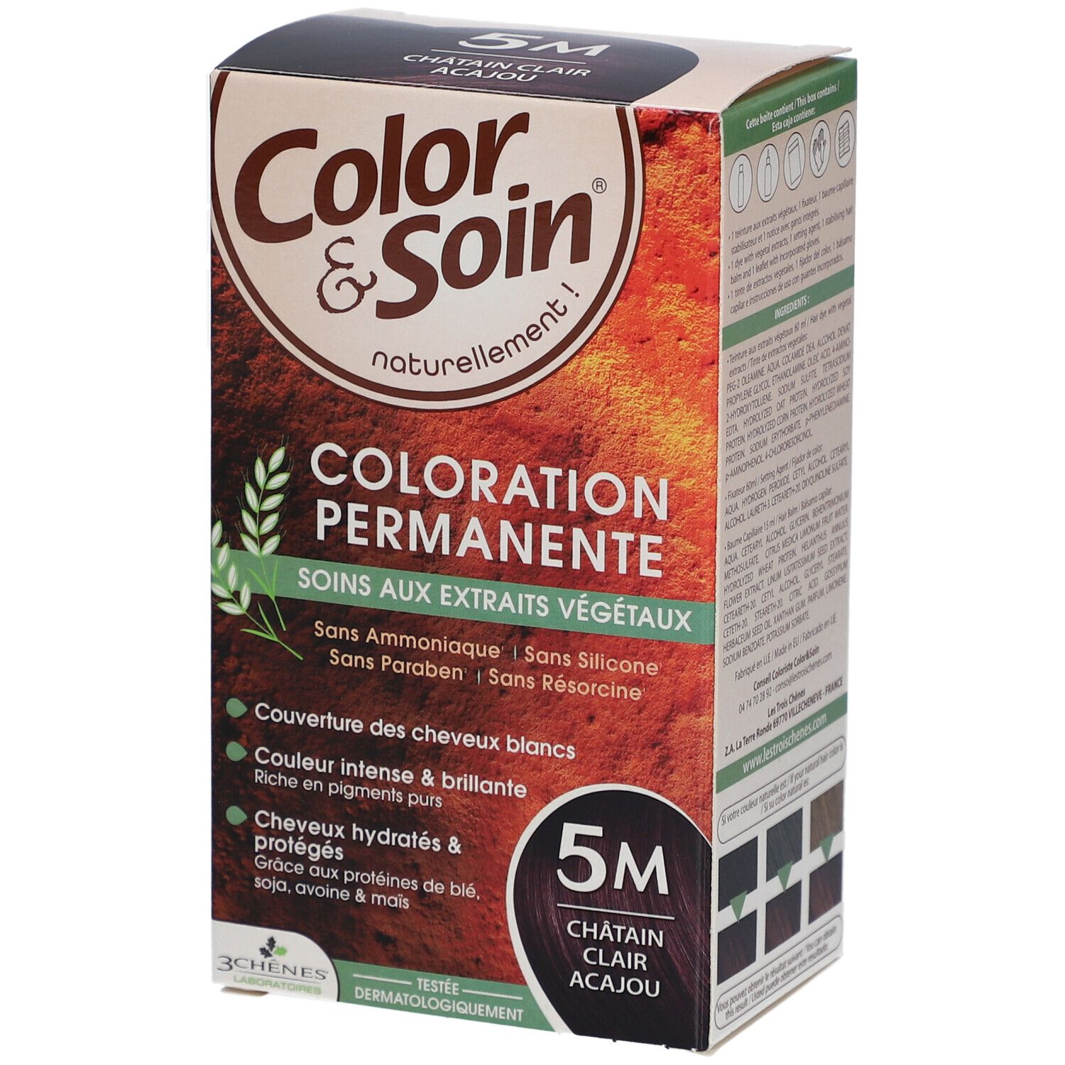 Boîte Color & Soin 5M Châtain Clair Acajou. Coloration permanente aux extraits végétaux. Sans ammoniaque, silicone, parabène et résorcine. Testé dermatologiquement.