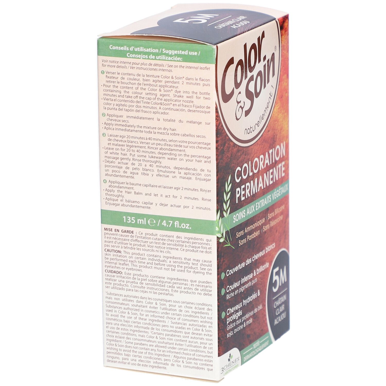 Côté de la boîte Color & Soin. Contient les instructions d'utilisation et les précautions. 135 ml / 4.7 fl.oz. Testé dermatologiquement.