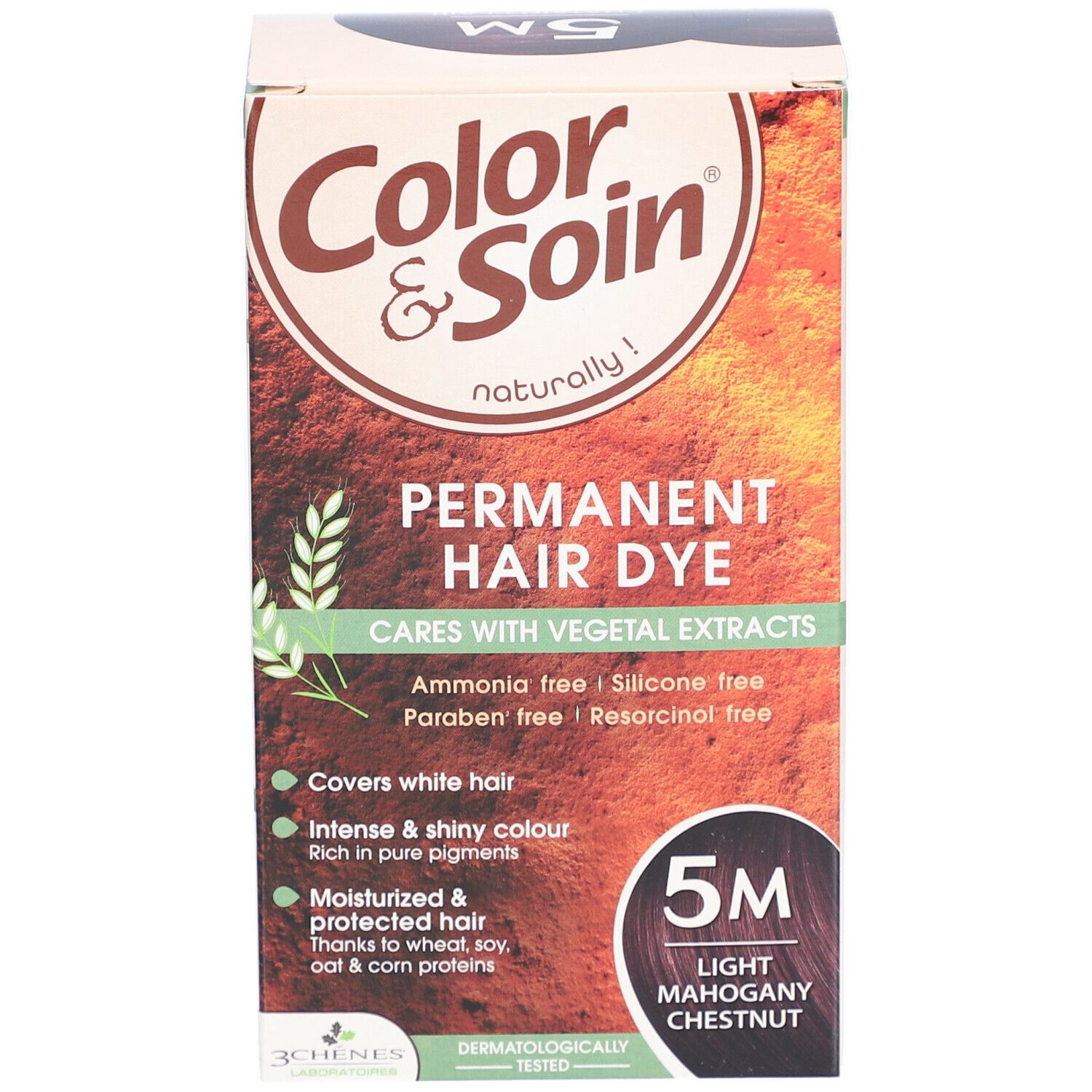 Boîte Color & Soin 5M Châtain Clair Acajou. Coloration permanente aux extraits végétaux. Sans ammoniaque, silicone, parabène et résorcine. Testé dermatologiquement.