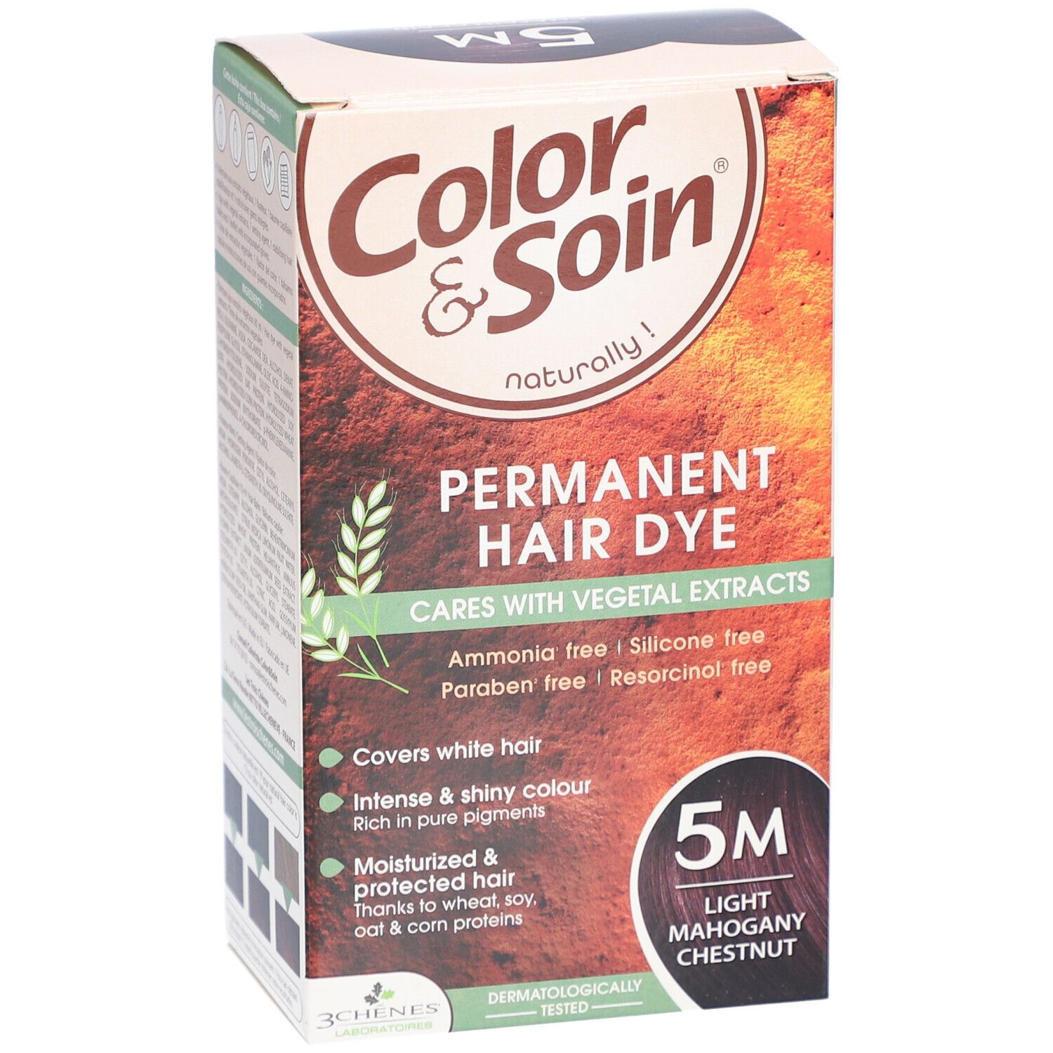 Boîte Color & Soin 5M Châtain Clair Acajou. Coloration permanente aux extraits végétaux. Sans ammoniaque, silicone, parabène et résorcine. Testé dermatologiquement.