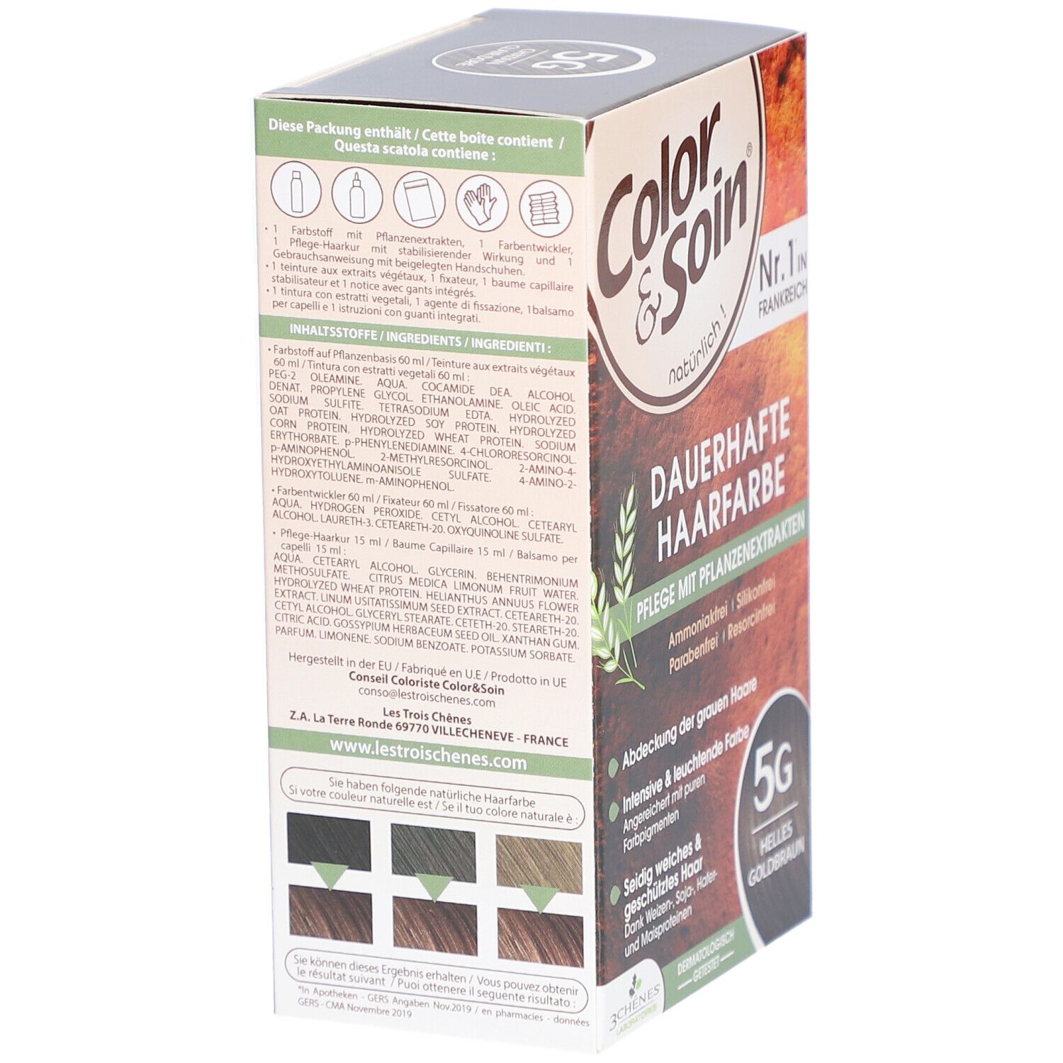 Color & Soin haarverfverpakking. Ingrediënten en kleurstalen. Gemaakt in Frankrijk.