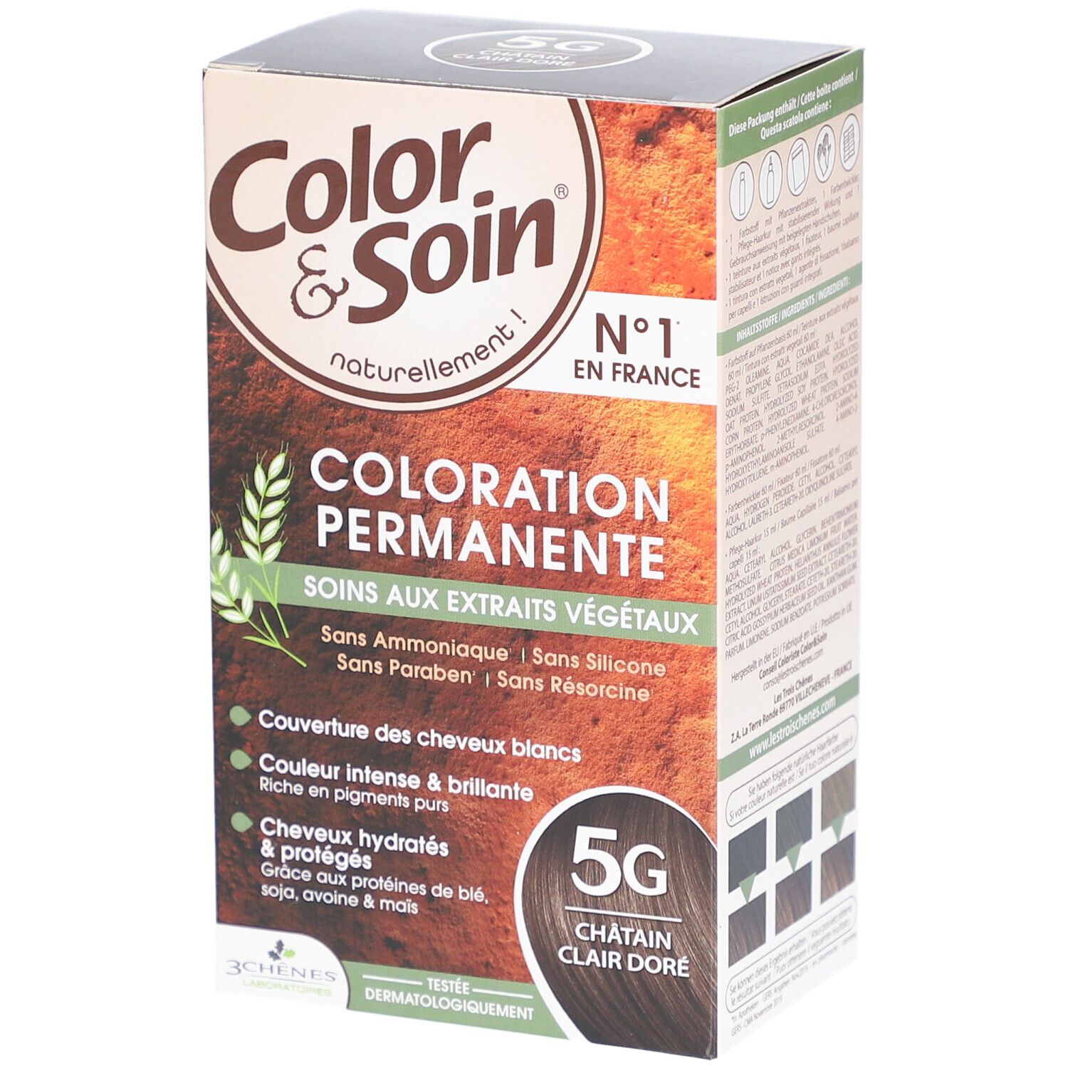 Coloration Permanente Color & Soin 5G, licht goudbruin. Met plantenextracten. Zonder ammoniak, siliconen, resorcinol.