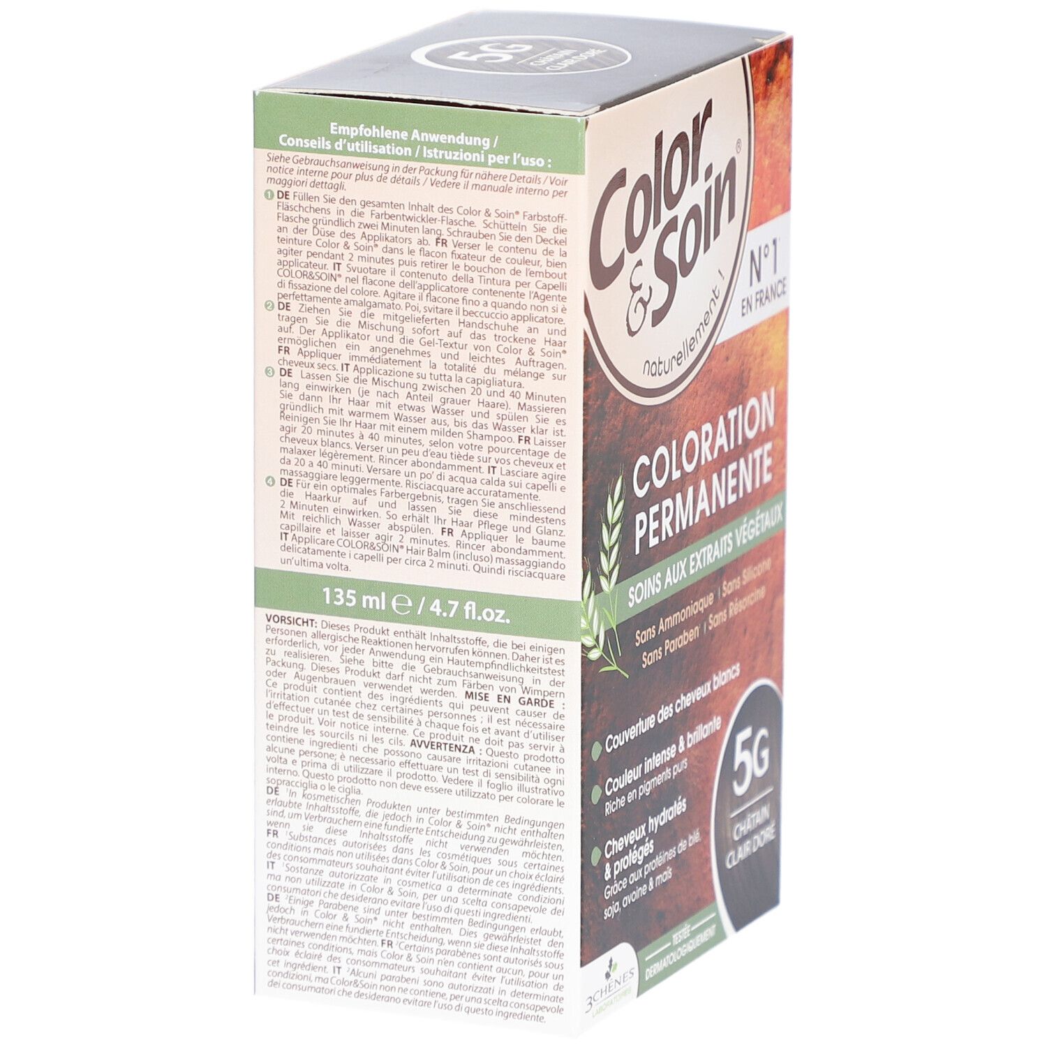 Color & Soin haarverfverpakking. Gebruiksaanwijzing. 135 ml/4.7 fl.oz. Gemaakt in Frankrijk.