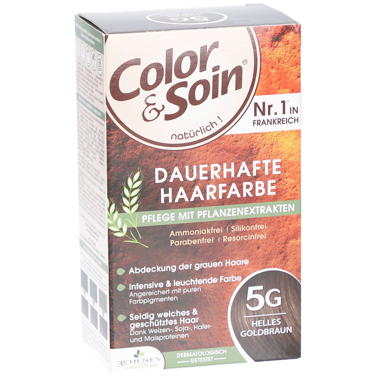 Color & Soin haarverfverpakking, 5G licht goudbruin. Permanente haarverf met plantenextracten. Dermatologisch getest.