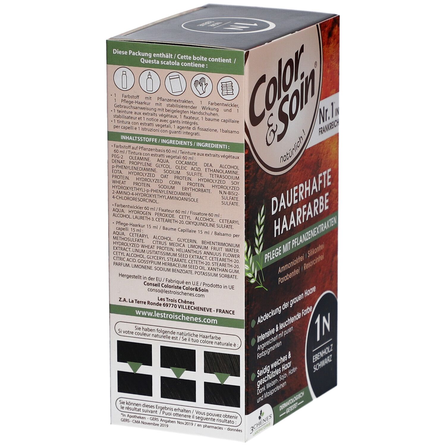 Dos de la boîte de coloration Color & Soin. Texte en allemand, français, italien et néerlandais. Ingrédients et mode d'emploi.