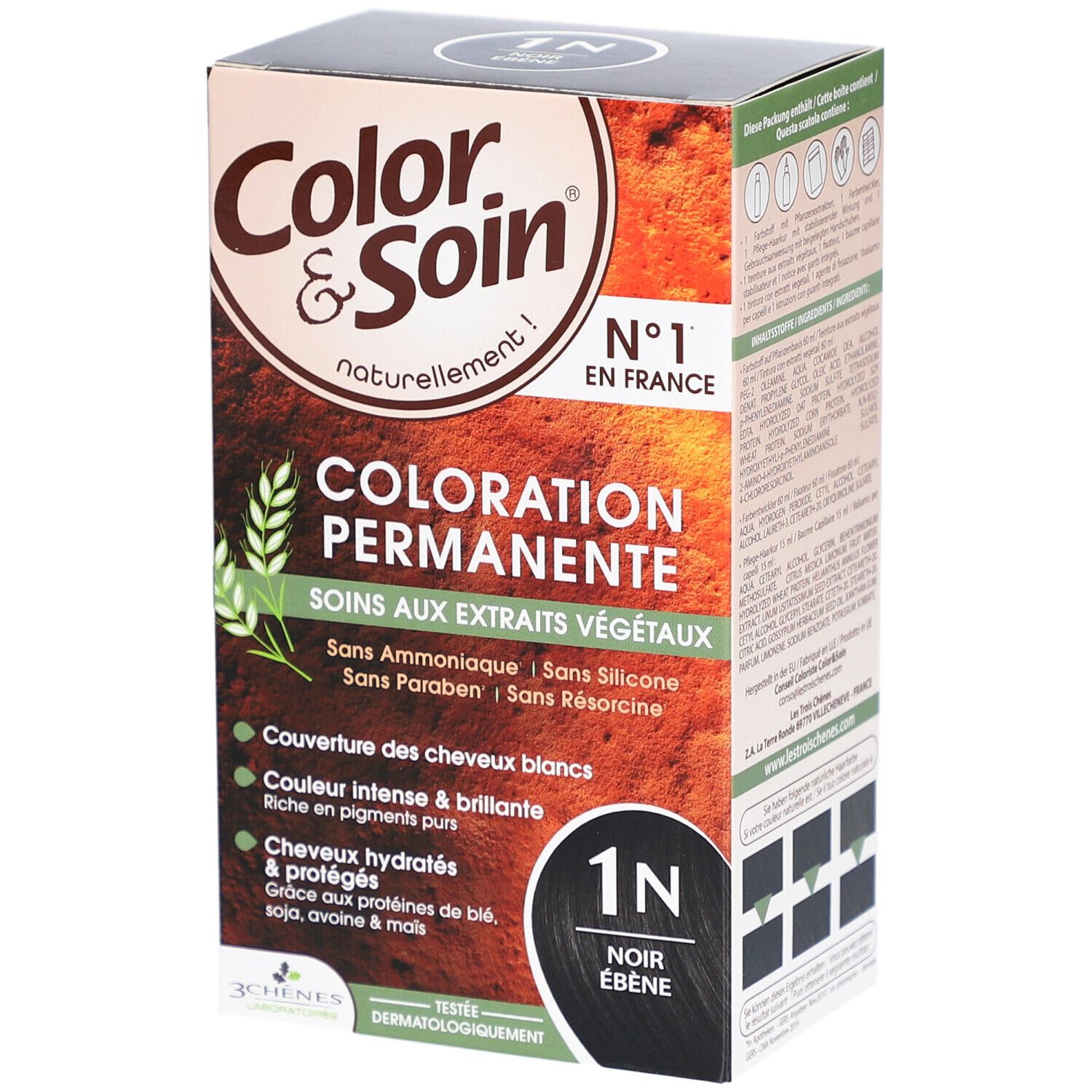 Boîte de coloration Color & Soin, 'Coloration Permanente' avec extraits végétaux. Nuance Noir Ebene. Testé dermatologiquement.