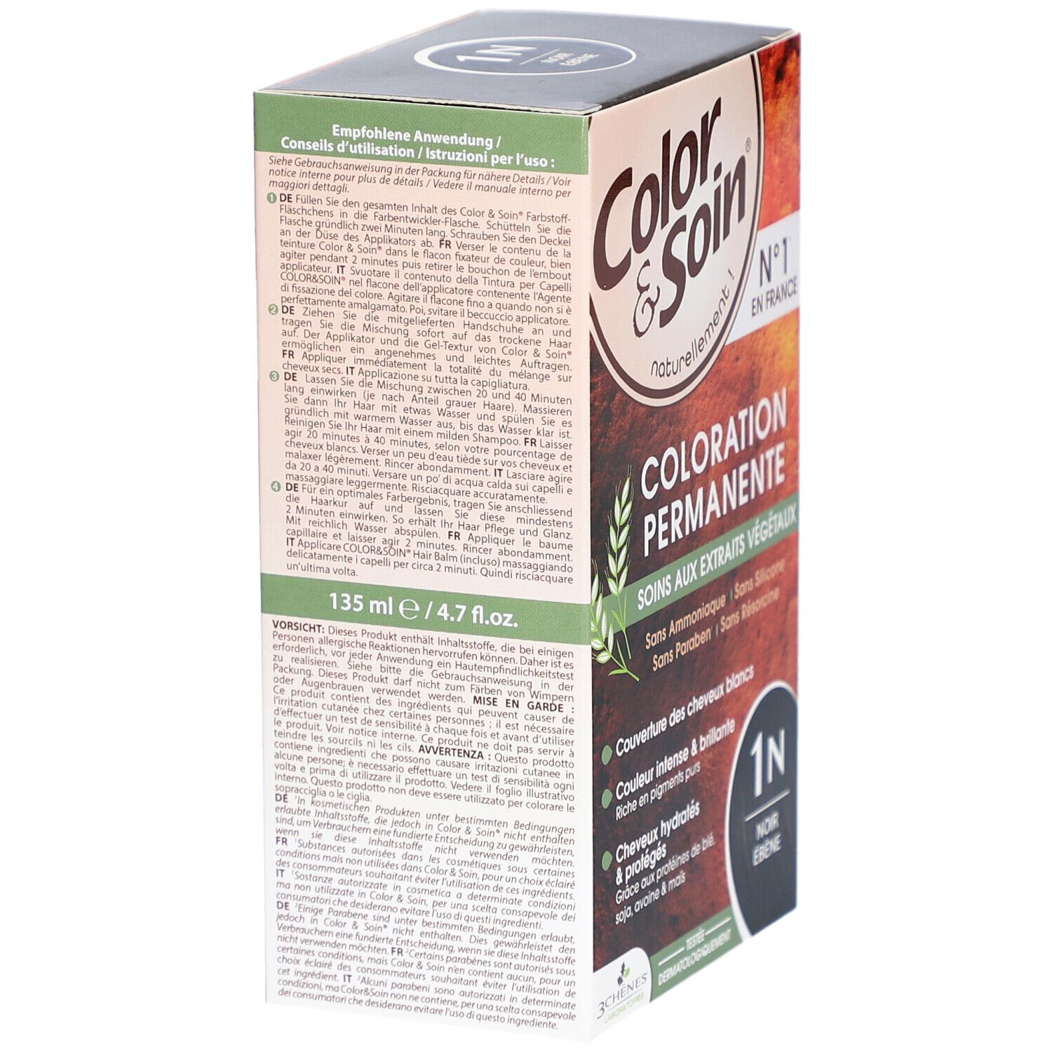 Boîte de coloration Color & Soin, 'Coloration Permanente' avec extraits végétaux. Texte en allemand, français, italien et néerlandais.