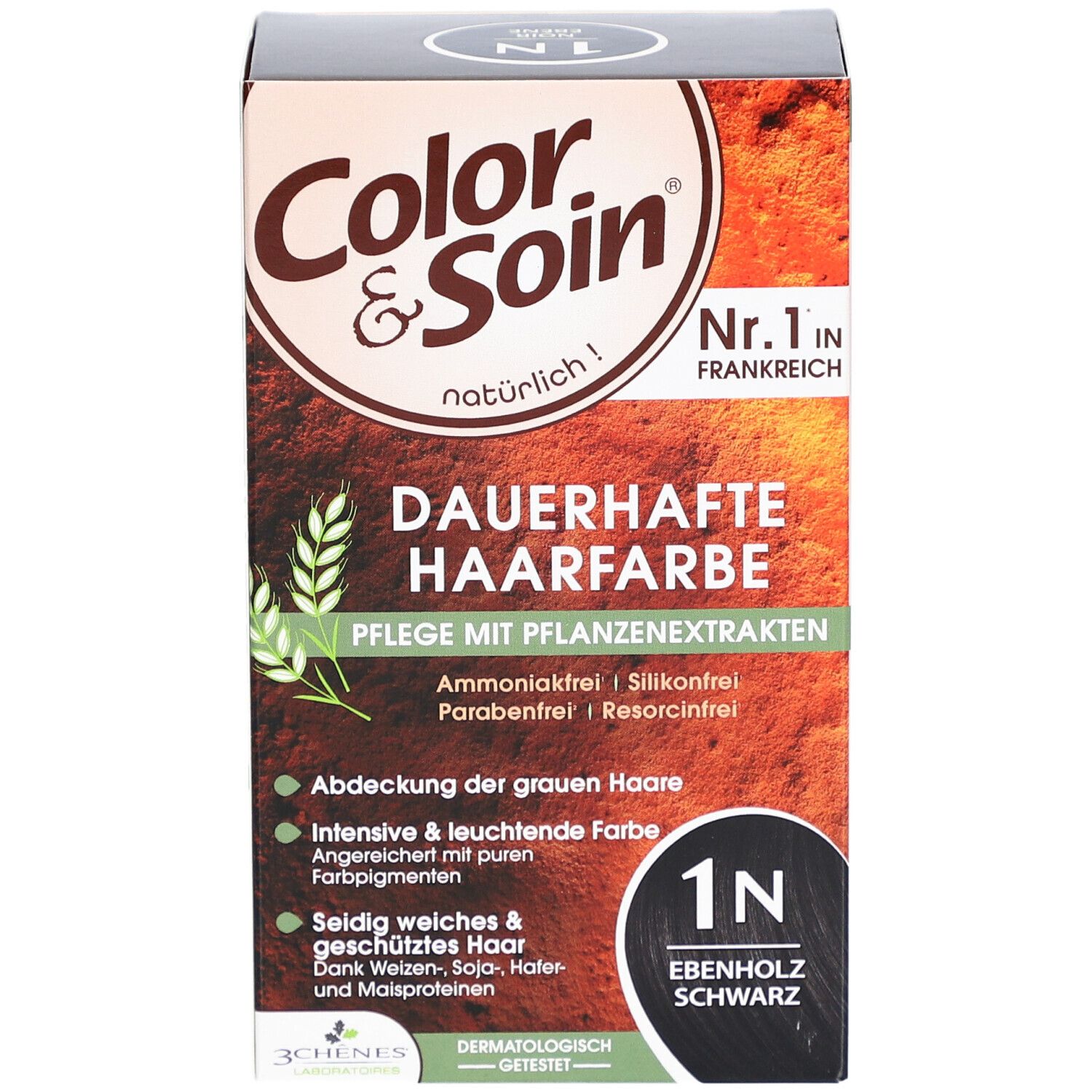 Boîte de coloration Color & Soin, 'Dauerhafte Haarfarbe' avec extraits végétaux. Nuance 1N Ebenholz Schwarz. Testé dermatologiquement.