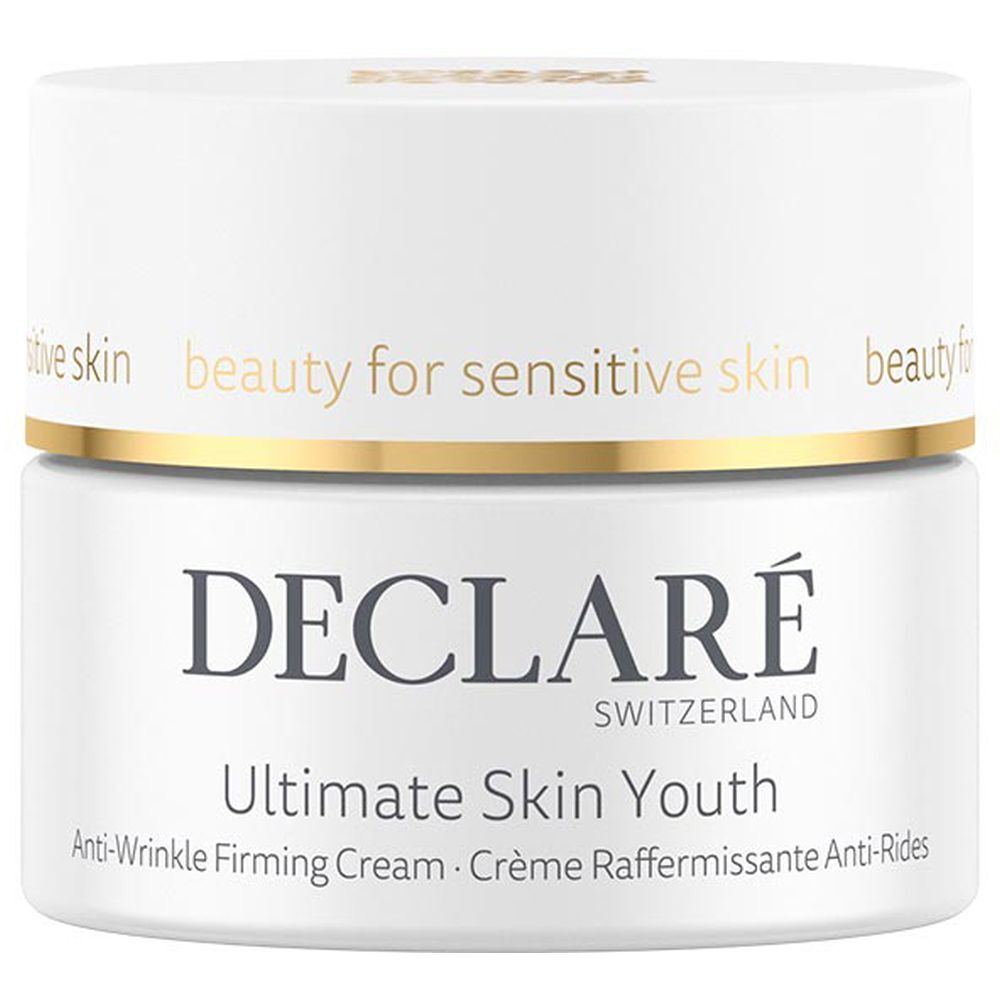 Witte pot met gouden rand. Opschrift: DECLARÉ, Ultimate Skin Youth, Anti-Wrinkle Firming Cream.