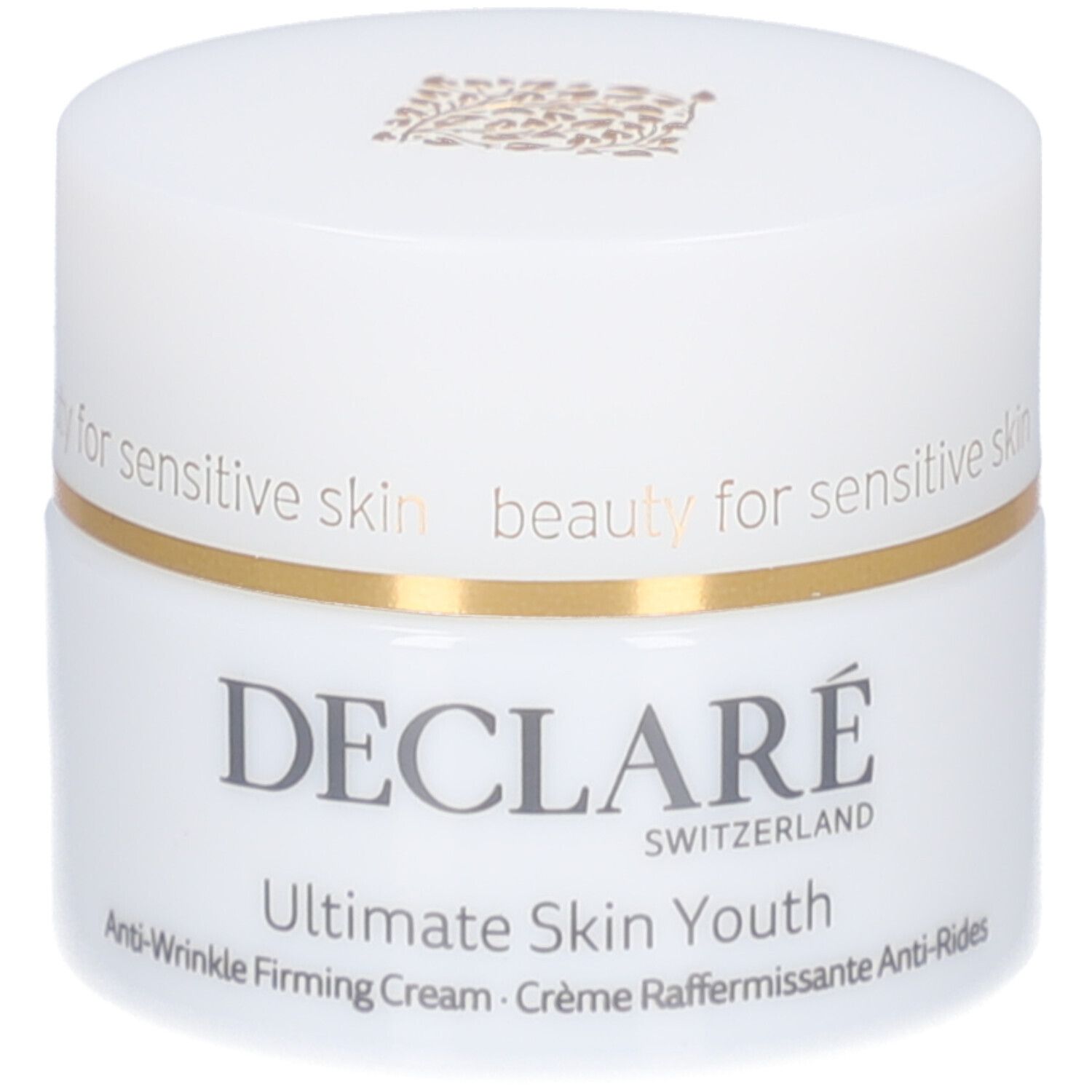 Witte pot met gouden rand. Opschrift: DECLARÉ, Ultimate Skin Youth, Anti-Wrinkle Firming Cream.