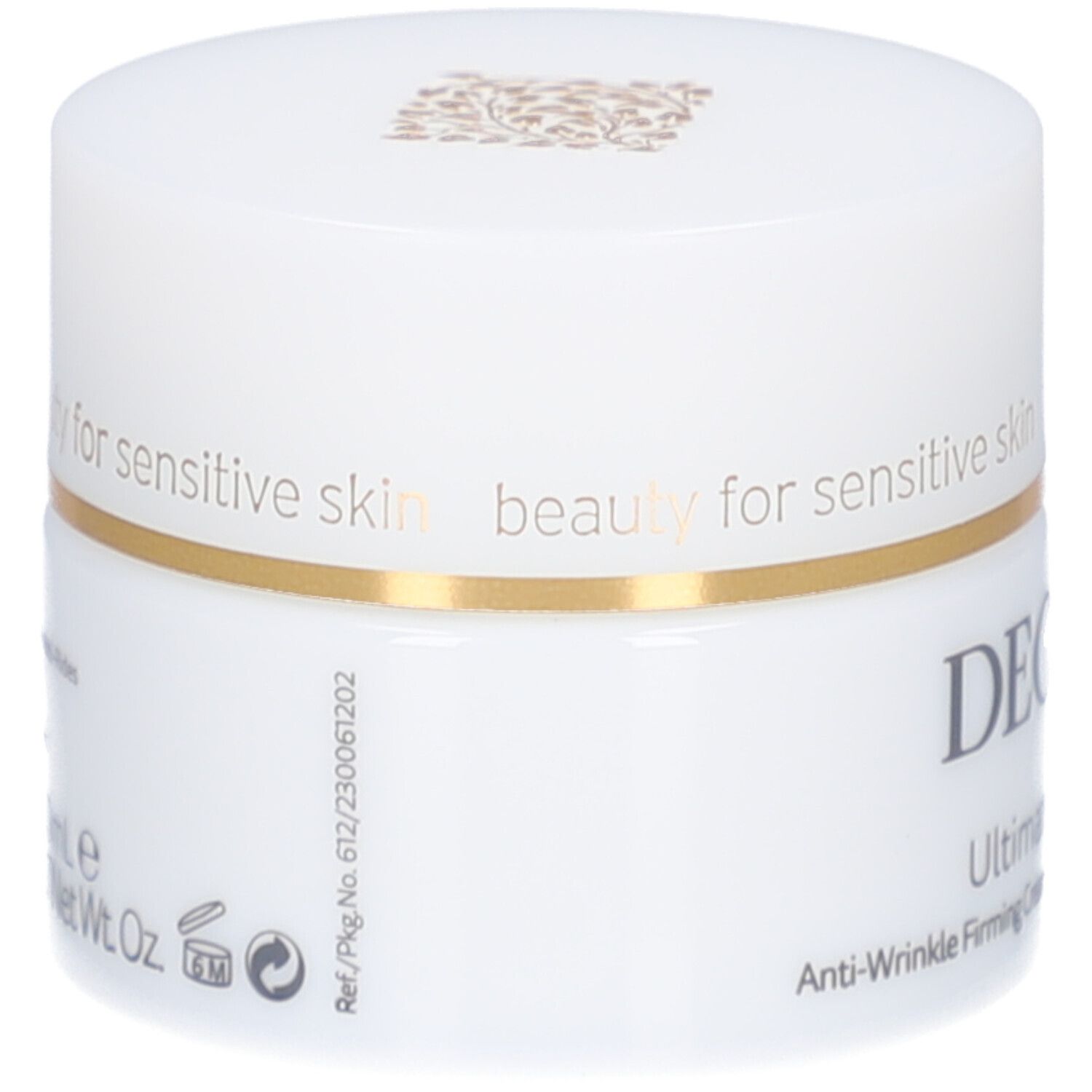 Witte pot met gouden rand. DECLARÉ, Ultimate Skin Youth. Achterkant met tekst en symbolen.