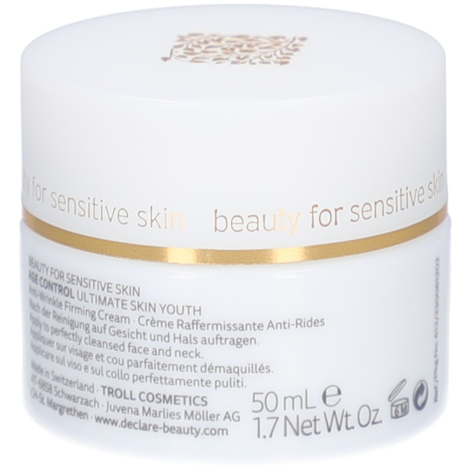 Witte pot met gouden rand. DECLARÉ, Ultimate Skin Youth. Achterkant met tekst en symbolen.