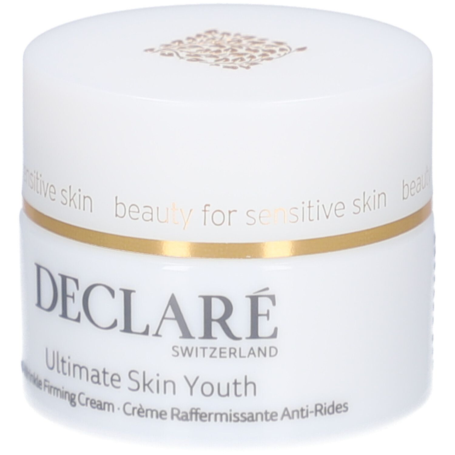 Witte pot met gouden rand. DECLARÉ, Ultimate Skin Youth, Anti-Wrinkle Firming Cream.