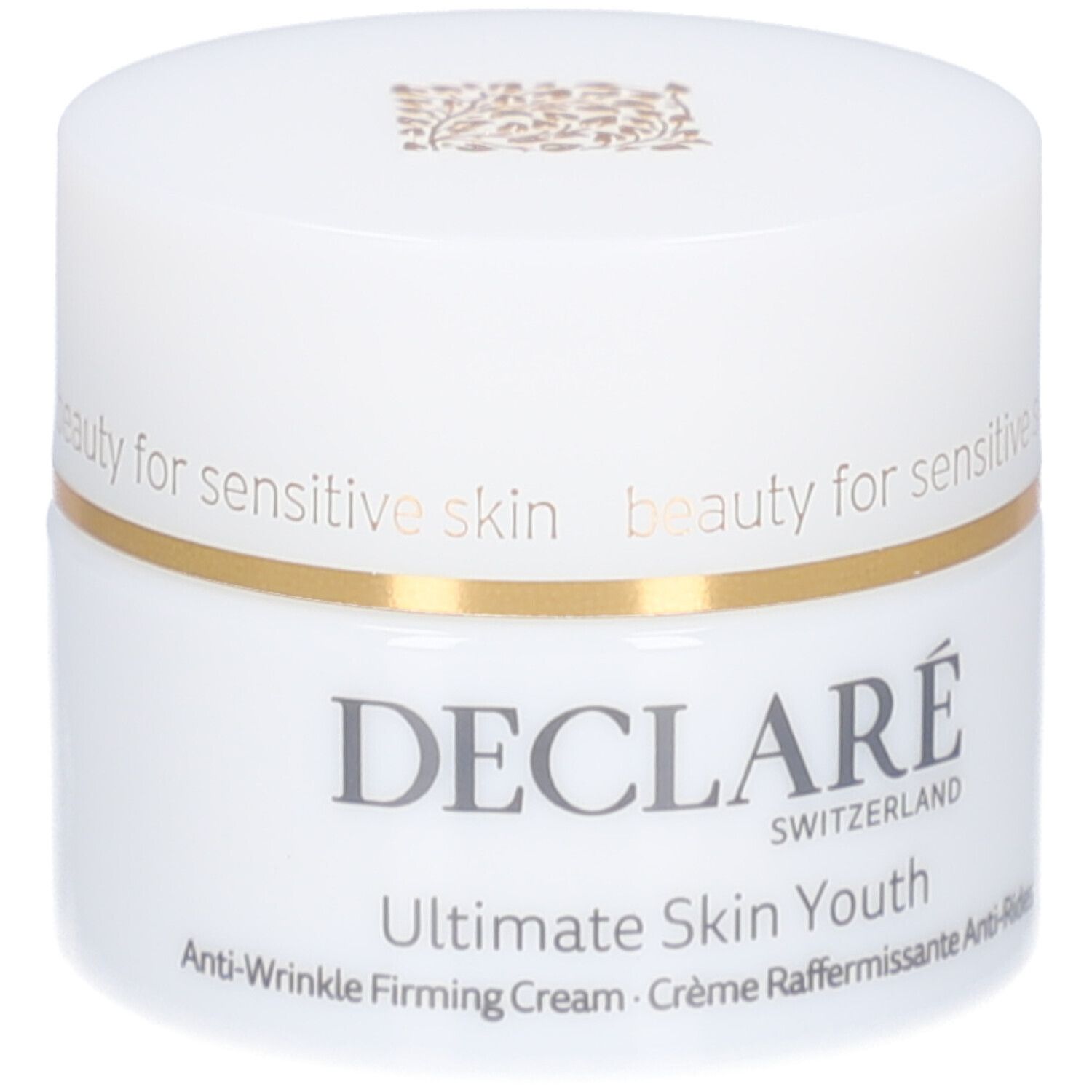 Witte pot met gouden rand. DECLARÉ, Ultimate Skin Youth, Anti-Wrinkle Firming Cream.