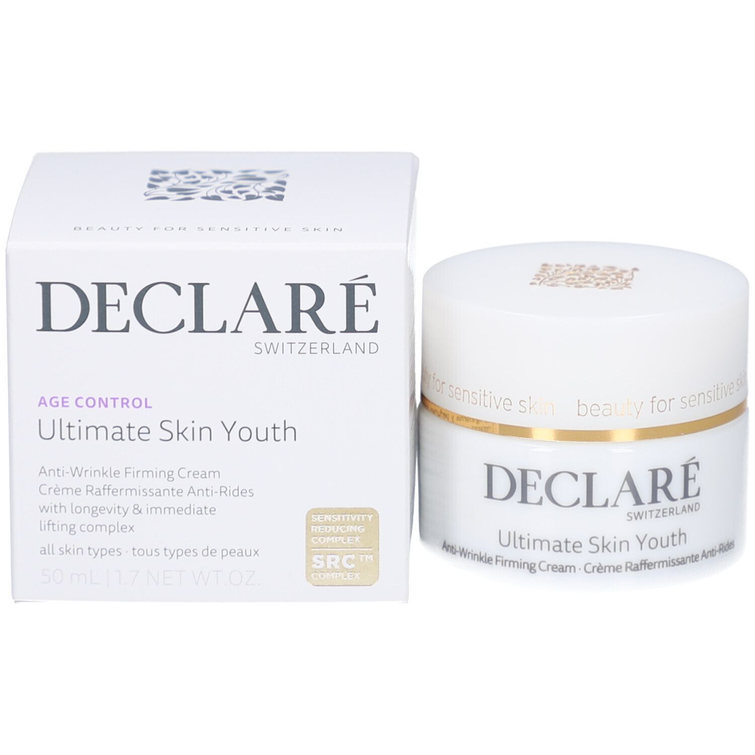 Product en verpakking. Witte pot en doos. DECLARÉ, Ultimate Skin Youth, Anti-Wrinkle Firming Cream.