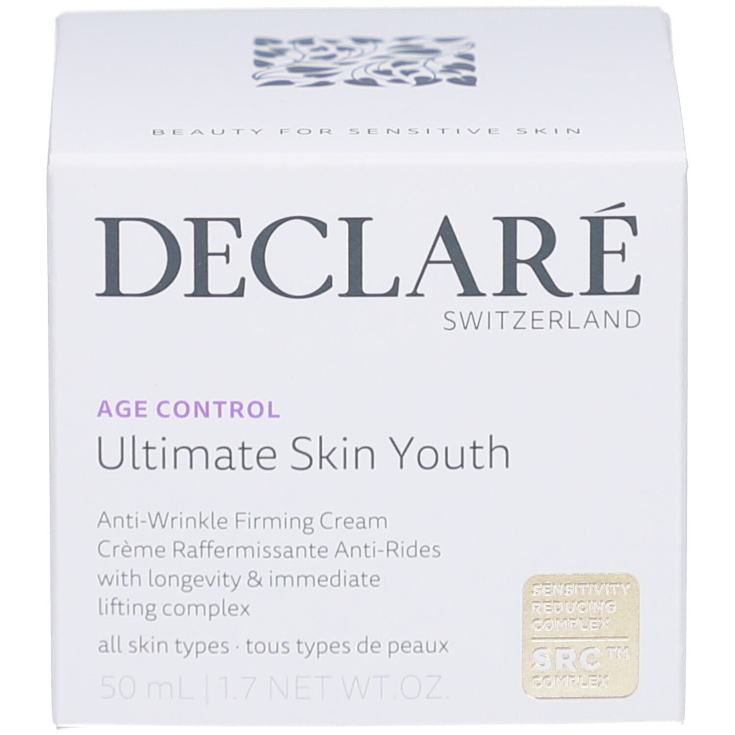 Witte doos. DECLARÉ, Ultimate Skin Youth, Anti-Wrinkle Firming Cream. Met certificeringslogo.