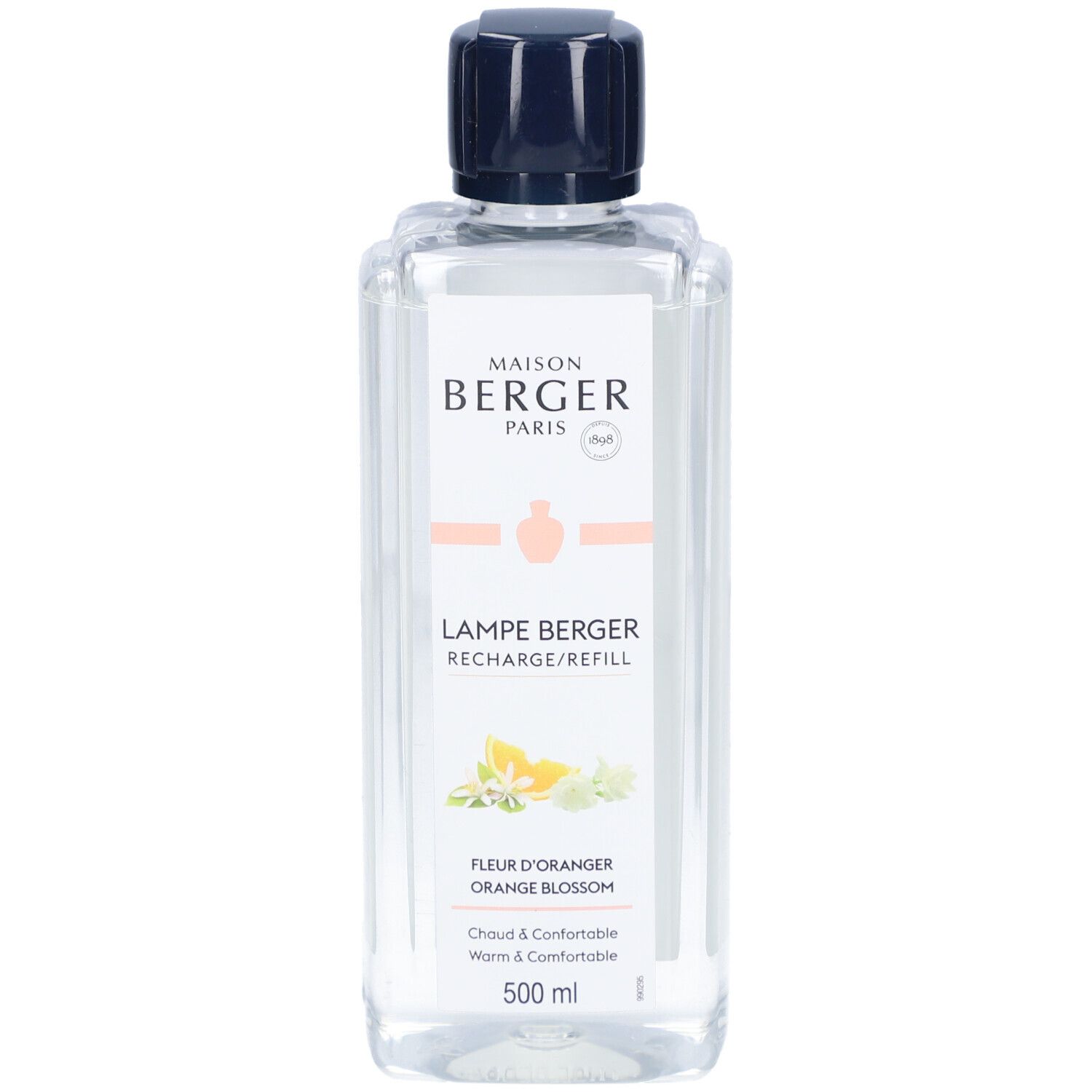 Flacon transparent avec bouchon noir. Étiquette avec nom et logo du produit. Inscription : Fleur d'Oranger. 500 ml.