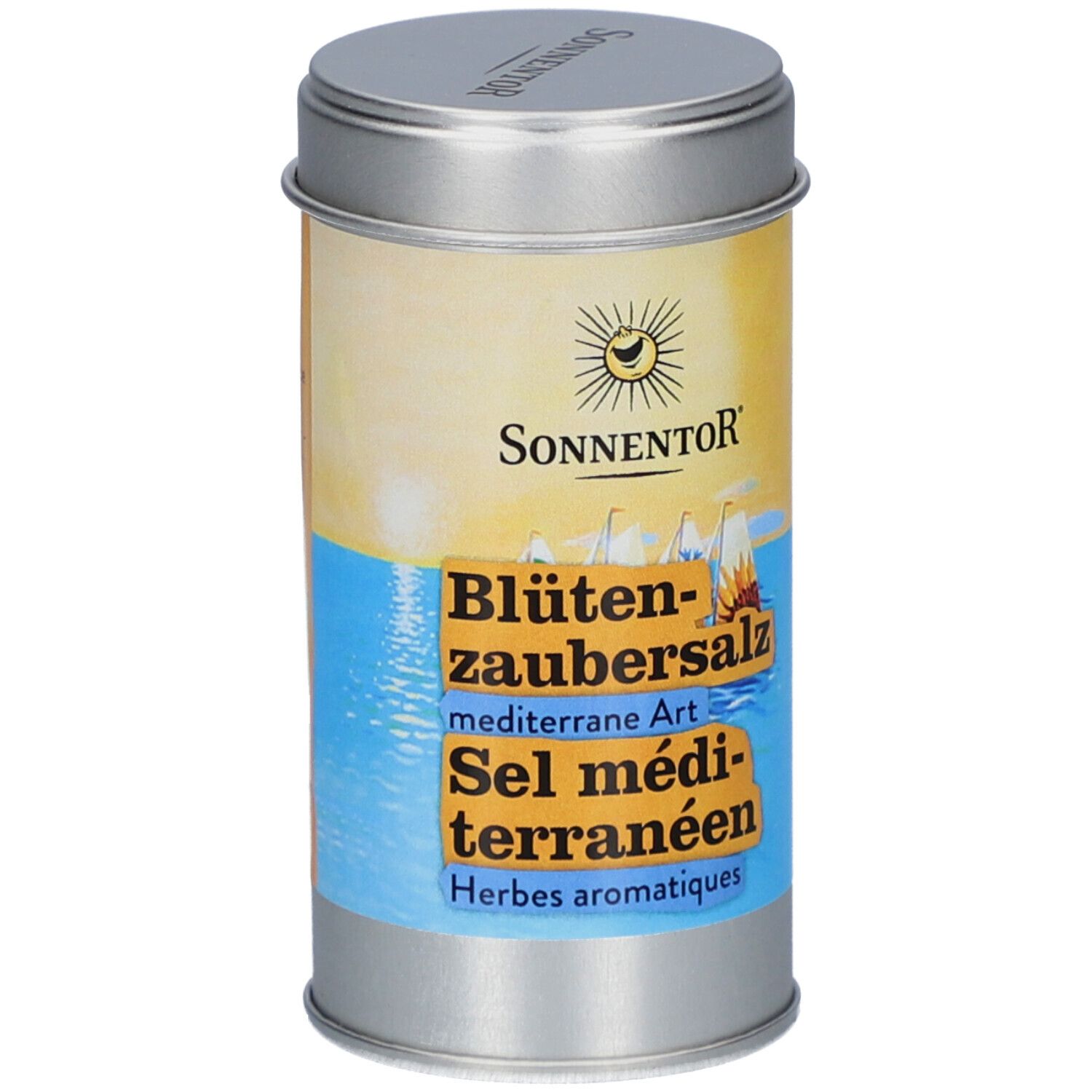 Sel aux fleurs Sonnentor méditerranéen dans une boîte argentée. Face avant avec logo, nom du produit et herbes.