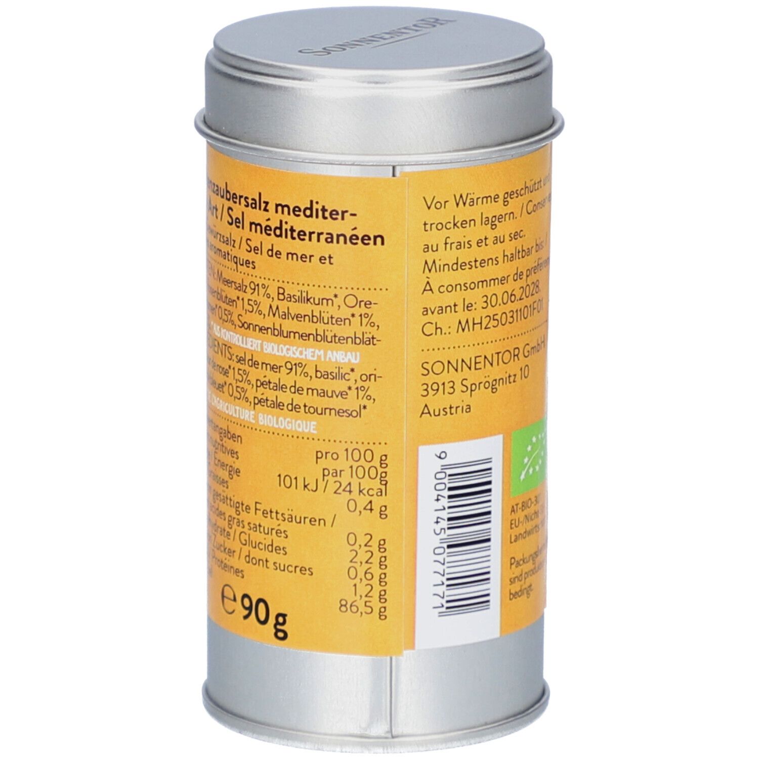 Arrière d'une boîte de sel aux herbes Sonnentor. Contient liste d'ingrédients, valeurs nutritionnelles et sceau bio. Poids 90g.