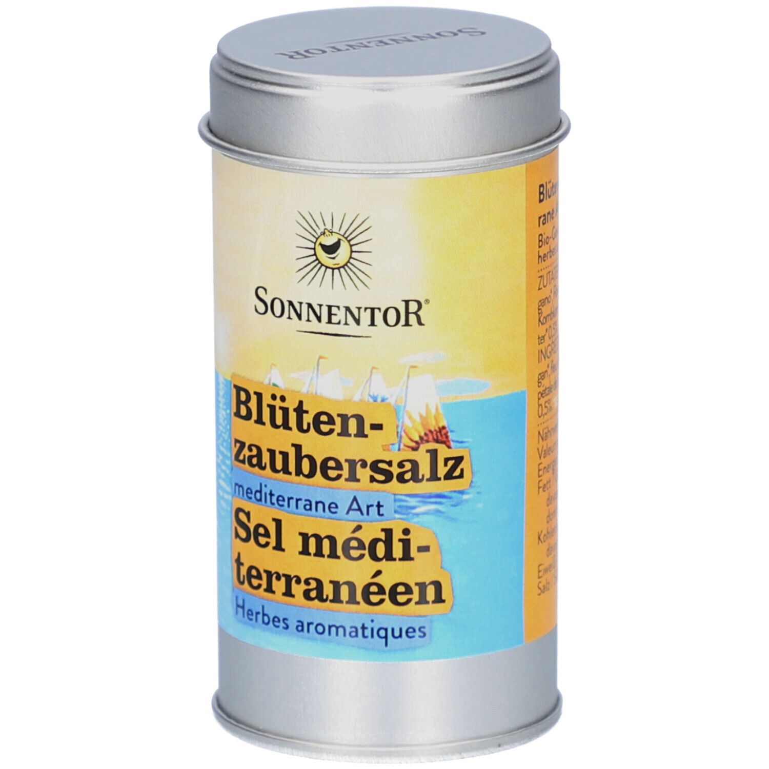 Sel aux fleurs Sonnentor méditerranéen dans une boîte argentée. Face avant avec logo, nom du produit et herbes.