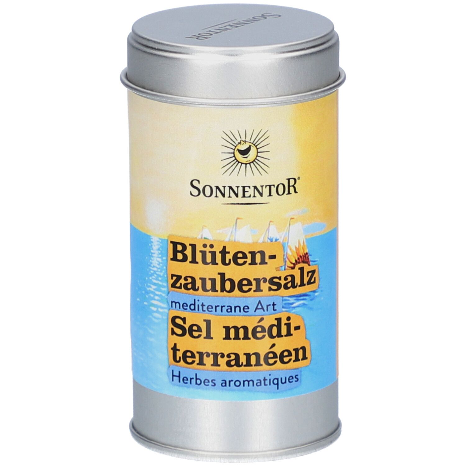 Sel aux fleurs Sonnentor méditerranéen dans une boîte argentée. Face avant avec logo, nom du produit et herbes.