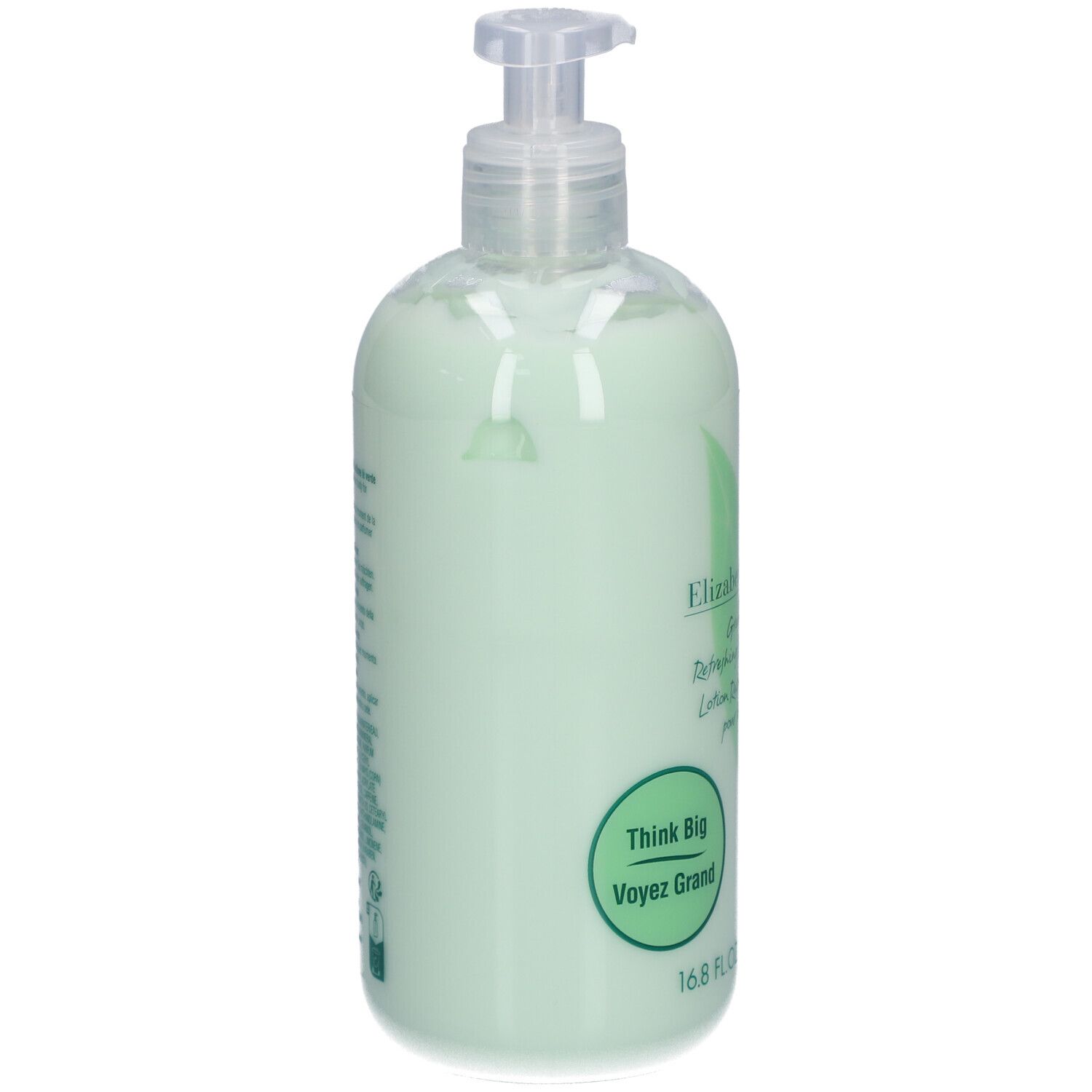 Groene fles met pomp. Elizabeth Arden Green Tea Lotion. Achterkant met tekst en barcode.