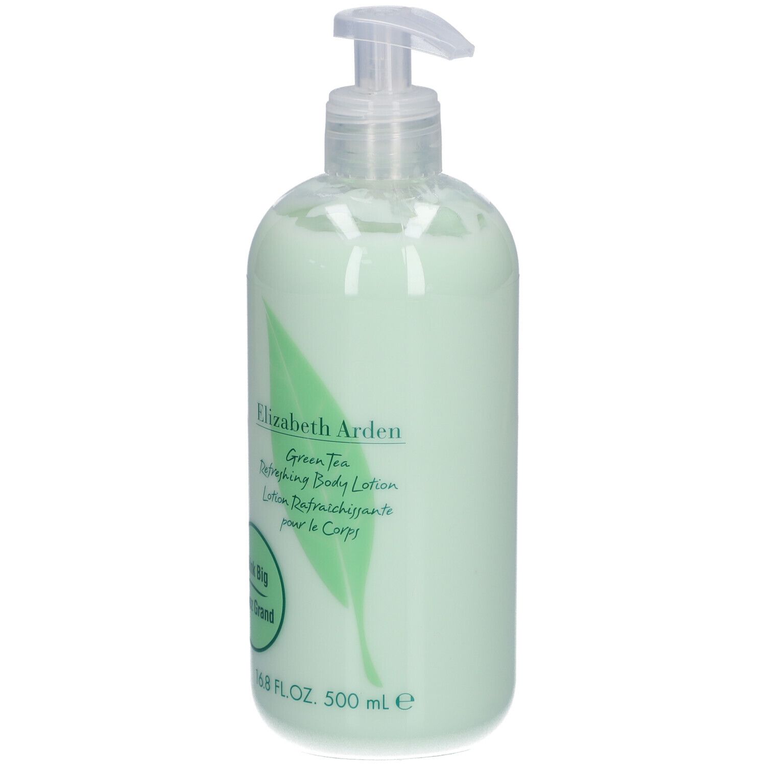 Groene fles met pomp. Elizabeth Arden Green Tea Lotion. Groen blad logo. Tekst: Think Big, Voyez Grand.